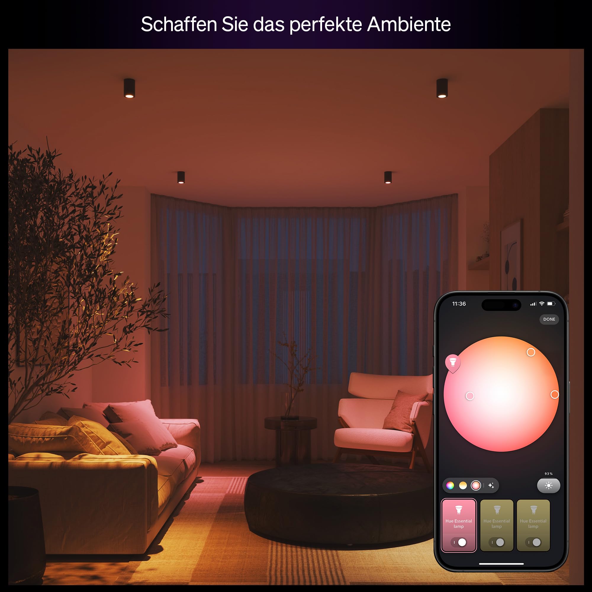 Philips Hue Essential Starter-Set: Bridge + 3 Essential GU10 Smart Leuchtmittel + Smart Button, White und Color Ambiance LED Licht, 2200-6500K, dimmbare LED Lampen, steuerbar mit Sprachassistenten