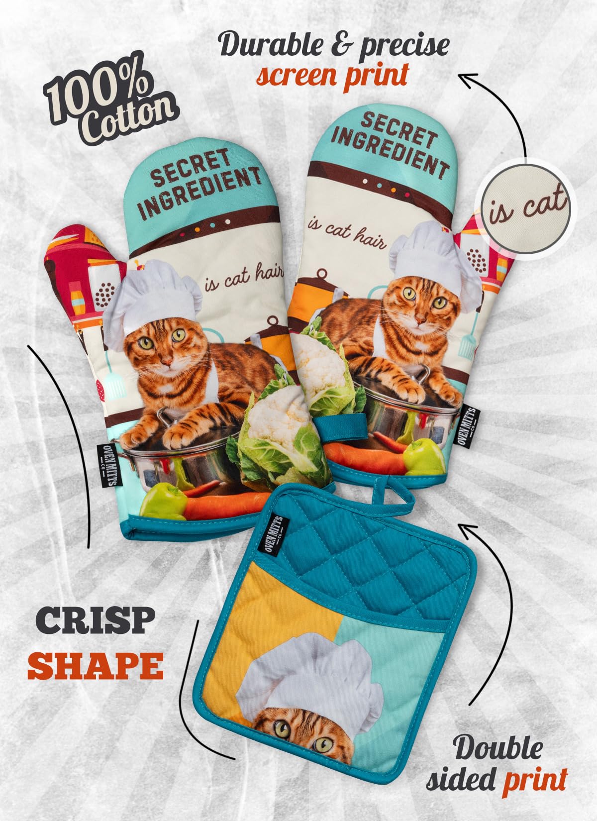 Secret Ingredient is Cat Hair – Ensemble de 3 gants de cuisine et maniques isolés, 100 % coton, motif chat amusant