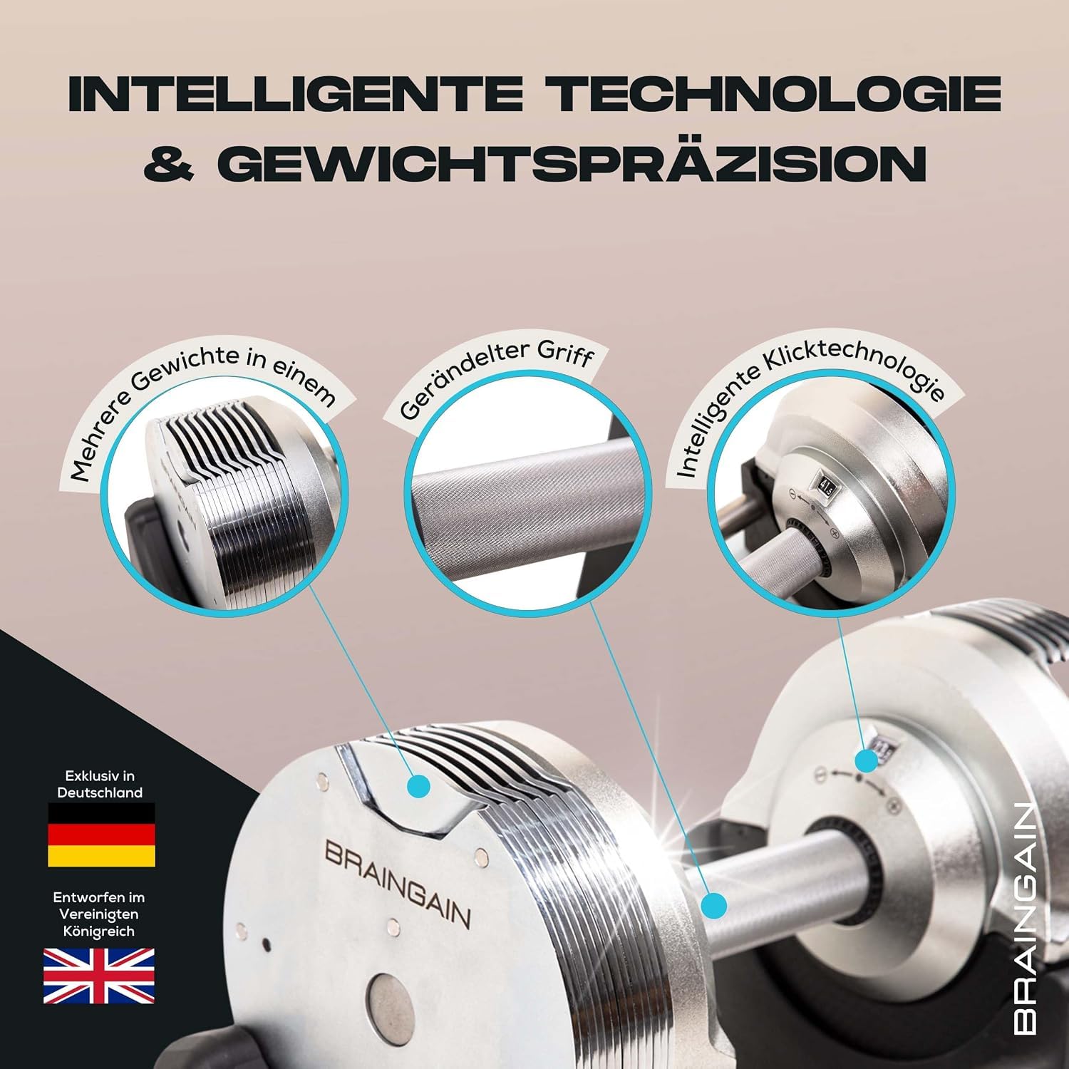 Haltères réglables BRAINGAIN - 23,5 kg, 32,5 kg, 41,5 kg - Chrome/Noir - Haltères polyvalents pour la musculation à domicile, avec support