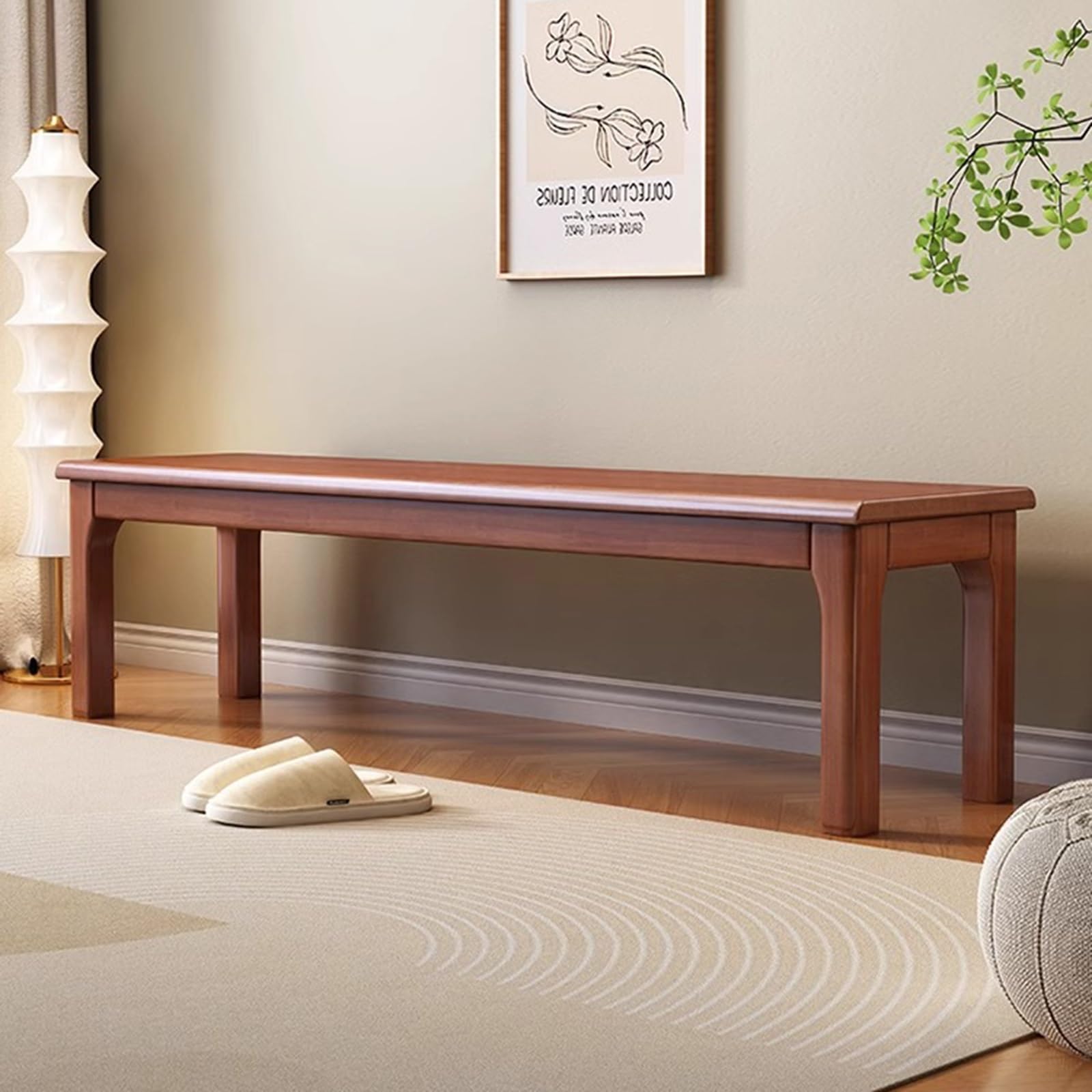 Banc d'entrée asiatique en bois naturel style ferme avec finition assortie Belle texture pour salle à manger, entrée et chambre à coucher, blanc crème, 100 x 45 cm
