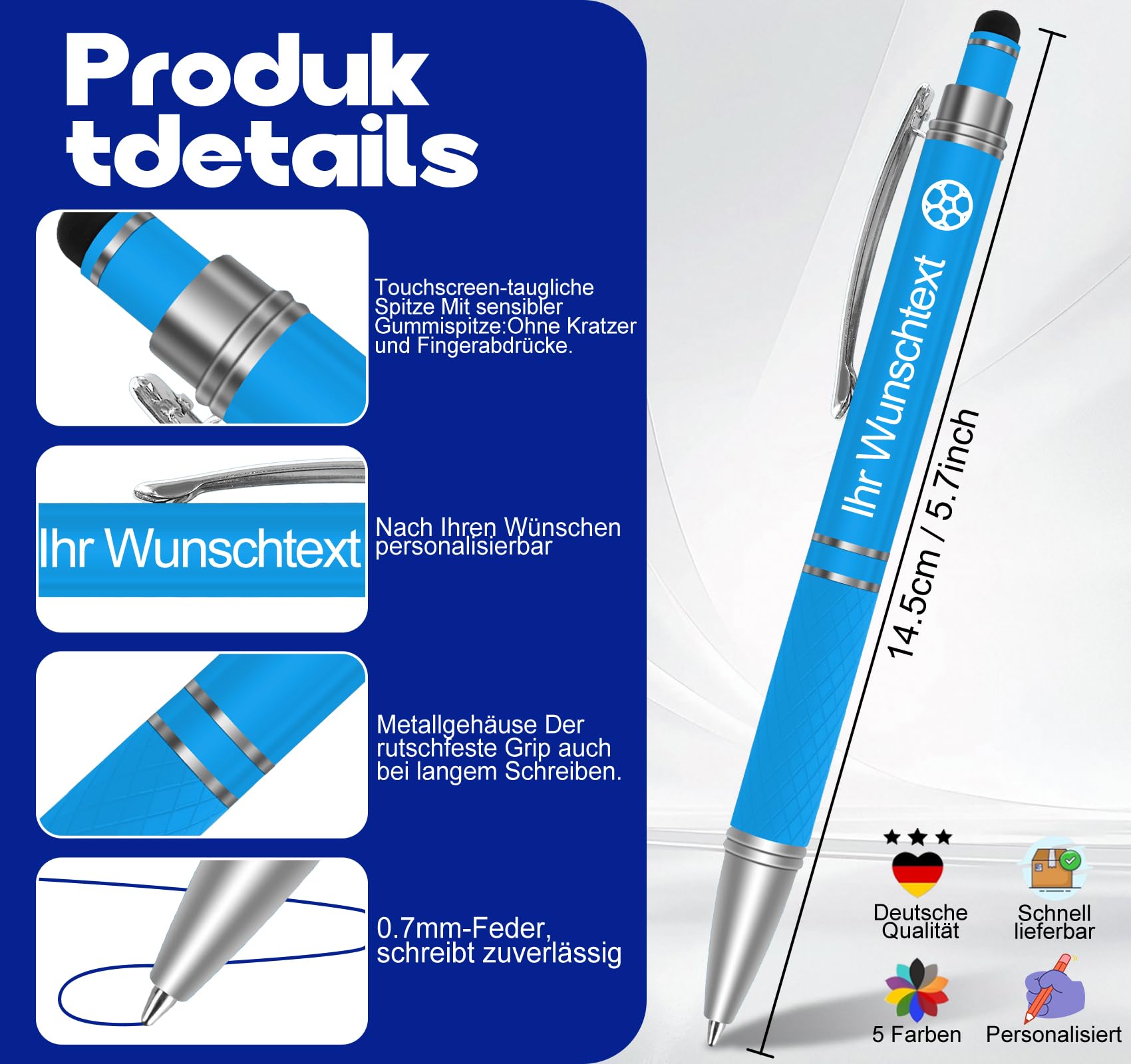 50er Personalisiert Kugelschreiber mit Gravur,Motivation Stift,Metall Druckkugelschreiber mit Touchpen,0.7mm Strichstärke,Blau Tinte,Glücks-Kuli für Prüfung Aufmunterung Genesung,Stil D