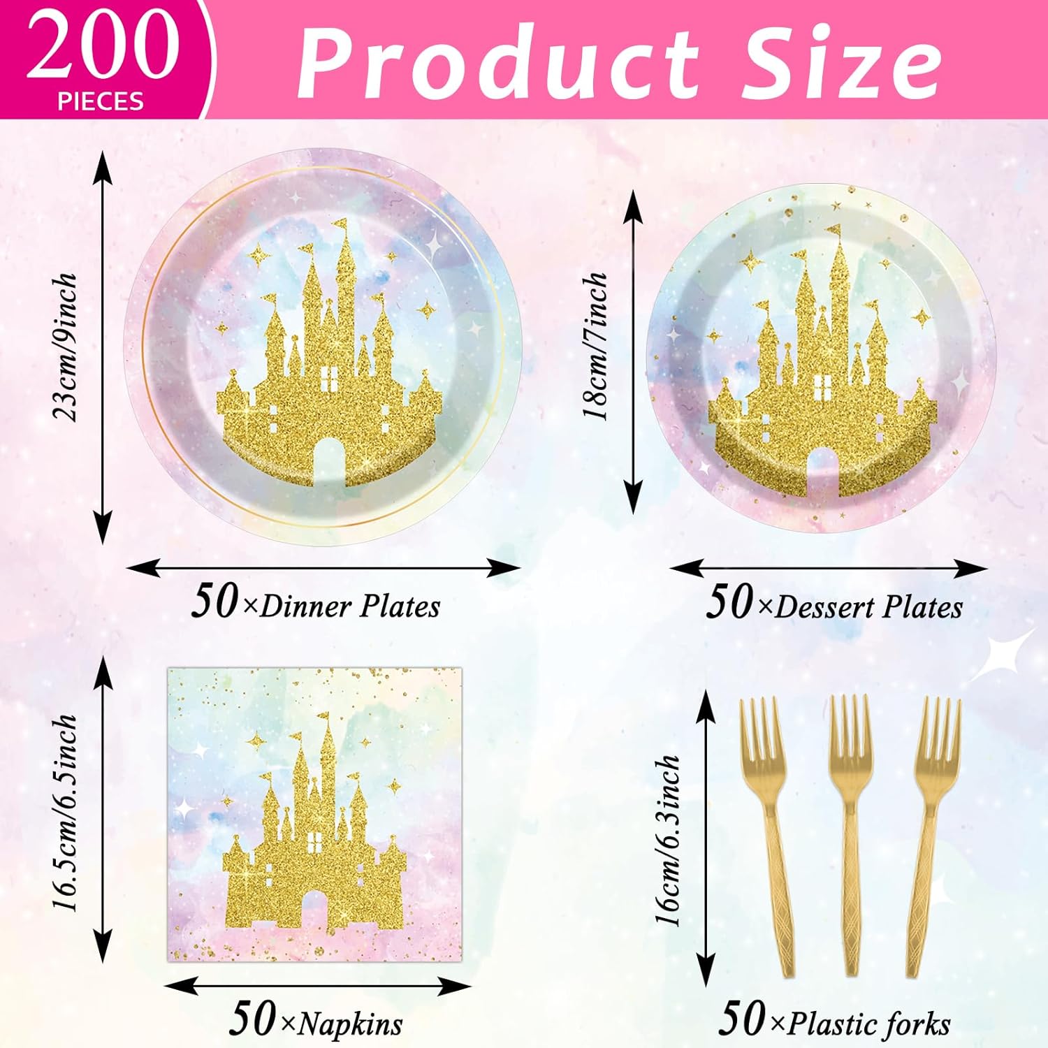 96Pcs Princess Castle Party Decorations Watercolor Pastel Rainbow Paper Plates and Napkins Gold Glitter Tableware Set Princess Plates for Girl Birthday Party Baby Shower Decoration Serve 24 - Image 2