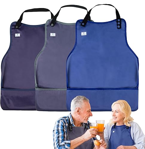 Miniatura 19 de Paquete de 3 baberos para adultos con atrapador de migas, baberos para comer, protectores de ropa para adultos, impermeables, lavables, babero de