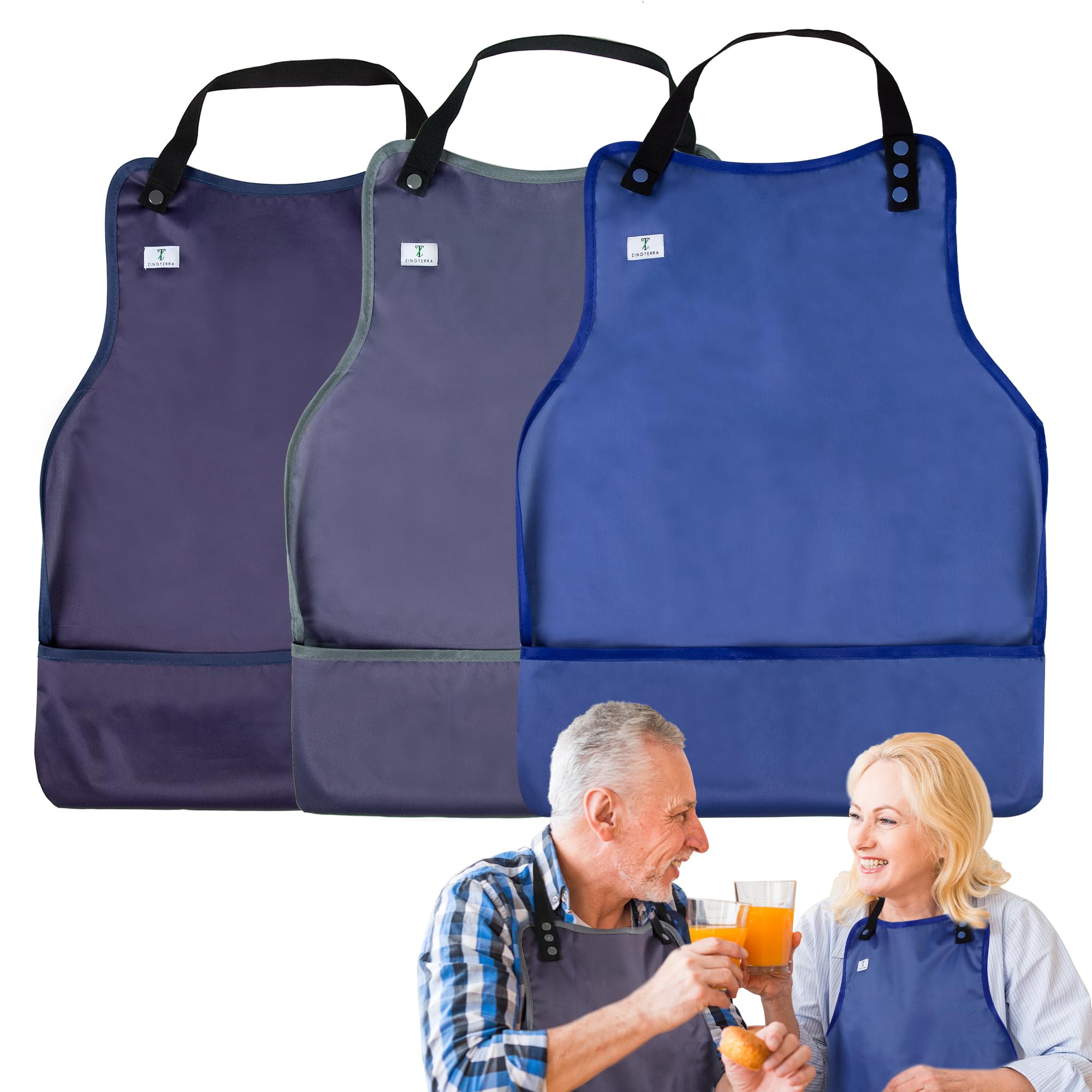 Photo 1 of ZINGTERRA Adult Bibs with Crumb Catcher,3Pack Adjustable Bibs for Eating,Waterproof Washable Men Clothing Protectors,Reusable Large Feeding Bib for Women Elderly Seniors
