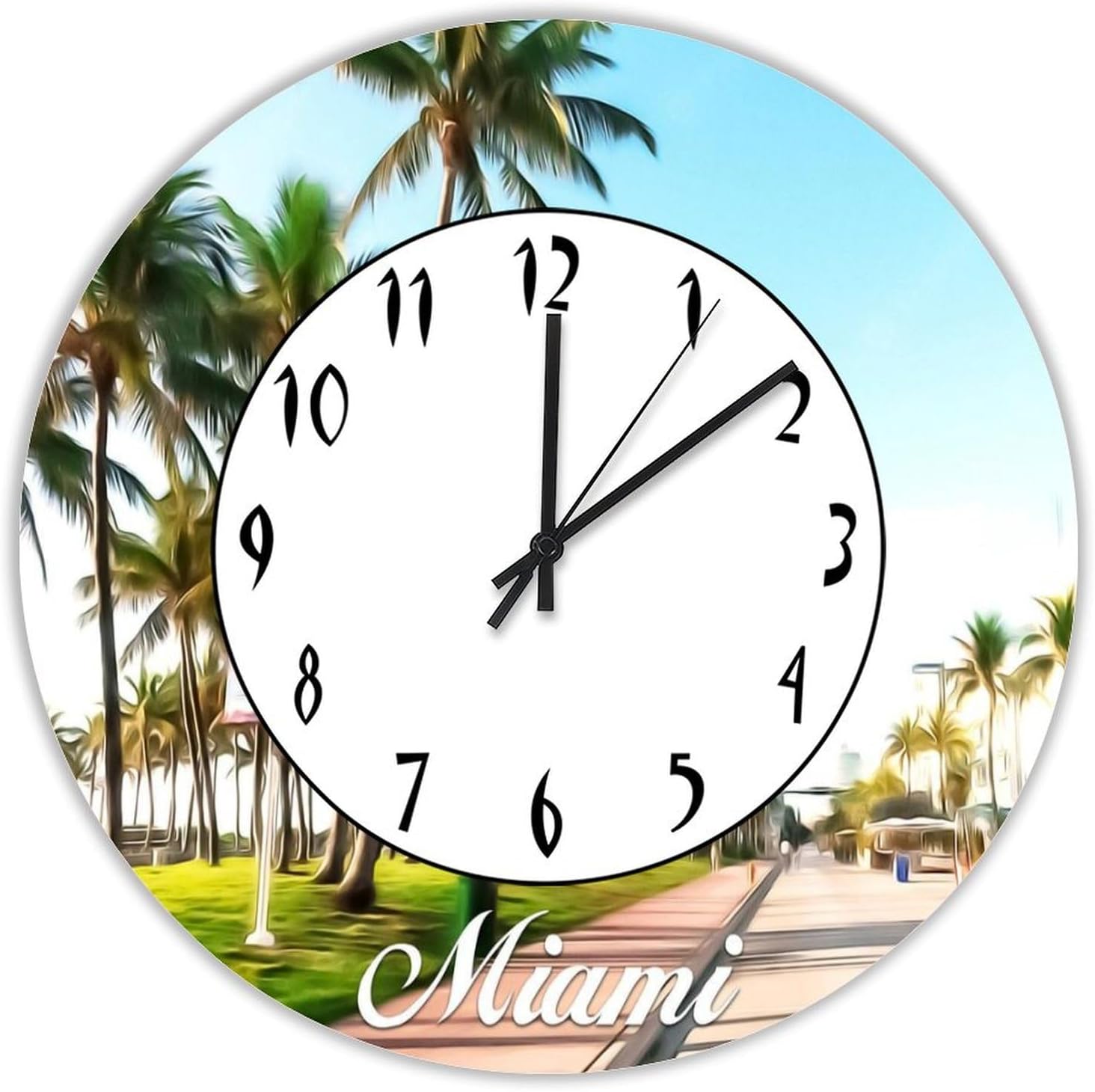 Miami Wall Clock Silent Non Ticking Wooden Clocks Miami Scenery Cityscape Clock Battery Operated 12in Round Clock, Rustic Clocks Decor for Home Kitchen Office