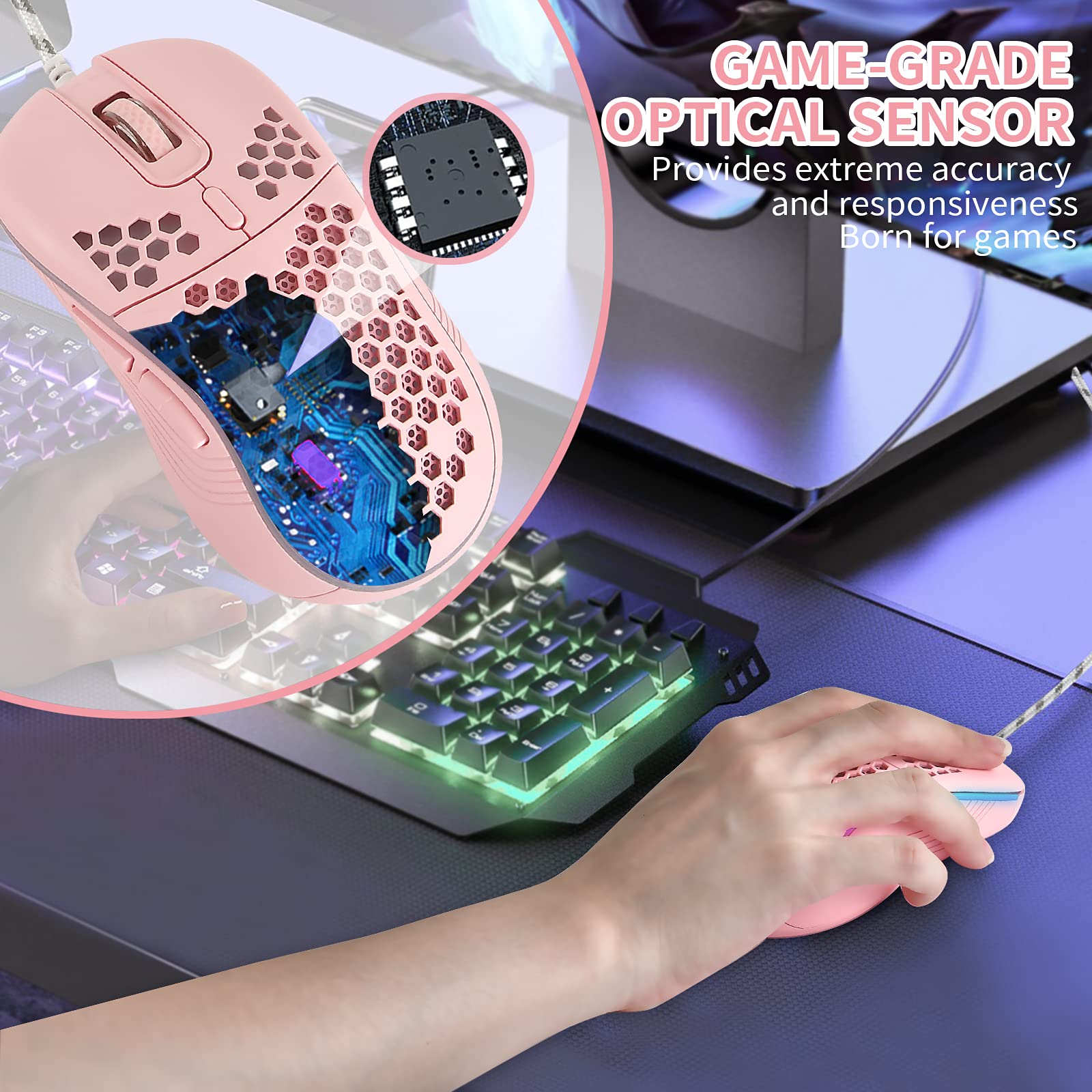 Ratón para juegos con cable, retroiluminación RGB y 7200 DPI ajustable, ergonómico y ligero, con sensor de alta precisión para Windows PC y portátiles
