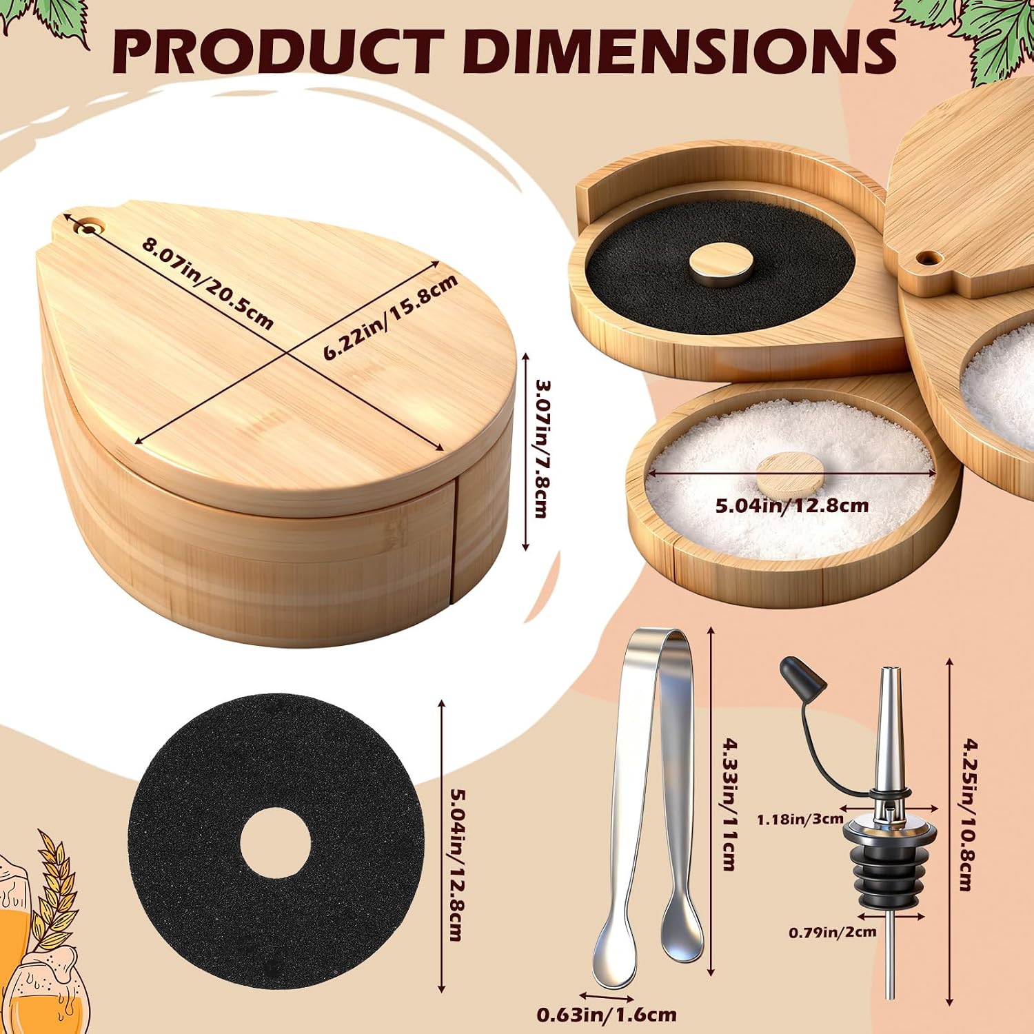 LemonRoad Margarita Salt Rimmer Set Include 3-Tier Bamboo Salt Rimmer for Cocktails with Sponge, 10 Pcs Pour Spout and 2 Pcs Mini Tongs for Bartender Accessories Tool Party Bar Gift