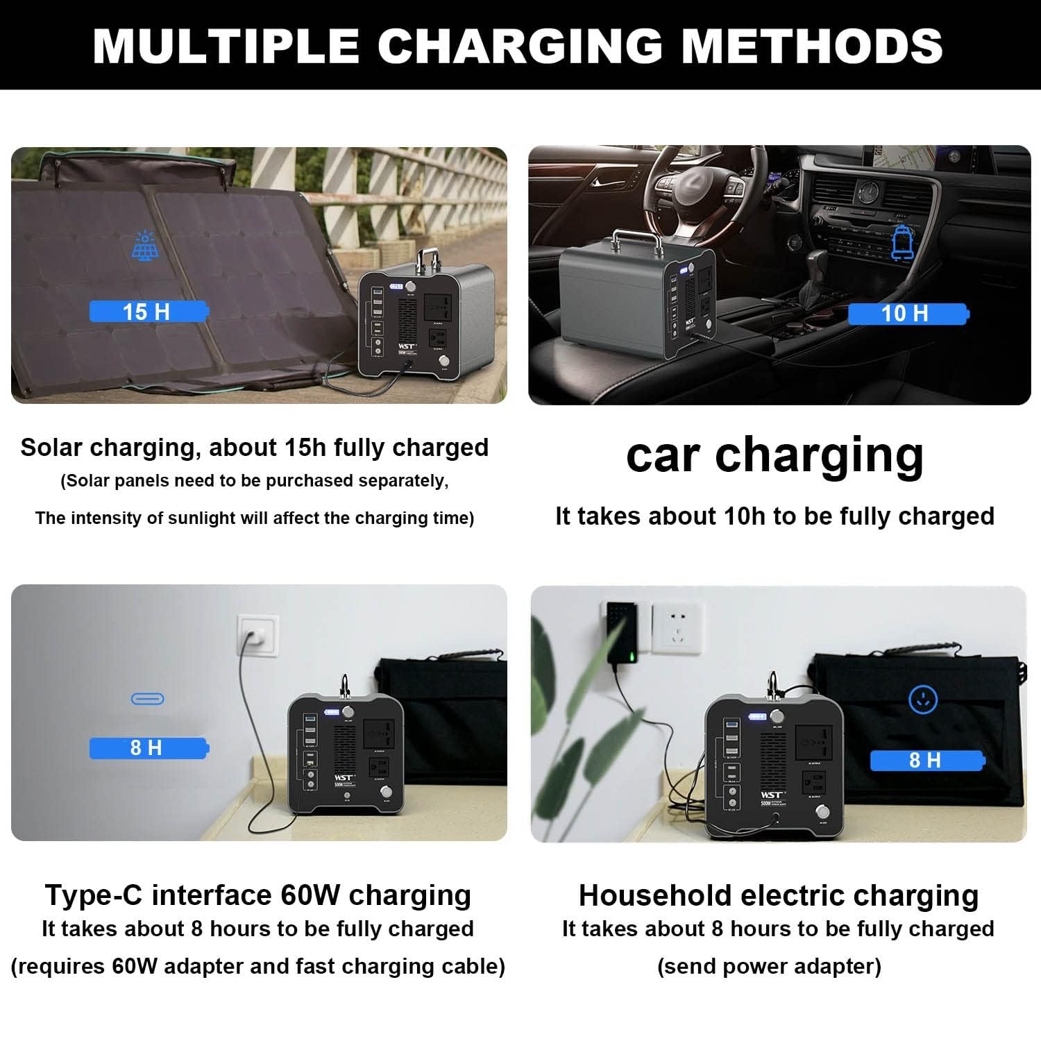 Station d'alimentation portable 144 000 mAh, 2 prises secteur, sortie USB-C PD 60 W, sortie CA 500 W, avec éclairage LED, pour camping-car, maison, extérieur, alimentation de secours (220 V ~ 60 Hz)