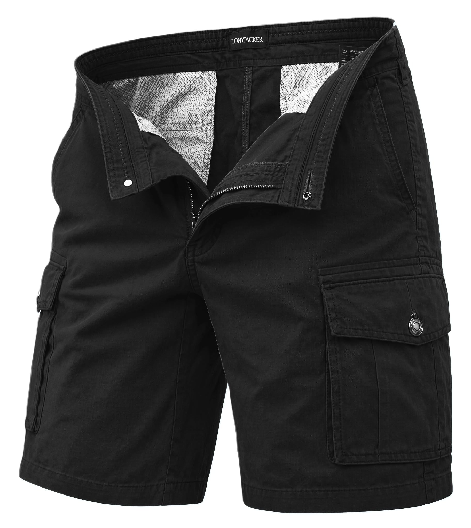 TONY BACKER - Short Cargo Homme Shorts Coton Multi-Taxque Pantalon Court F1586, Noir , 46W