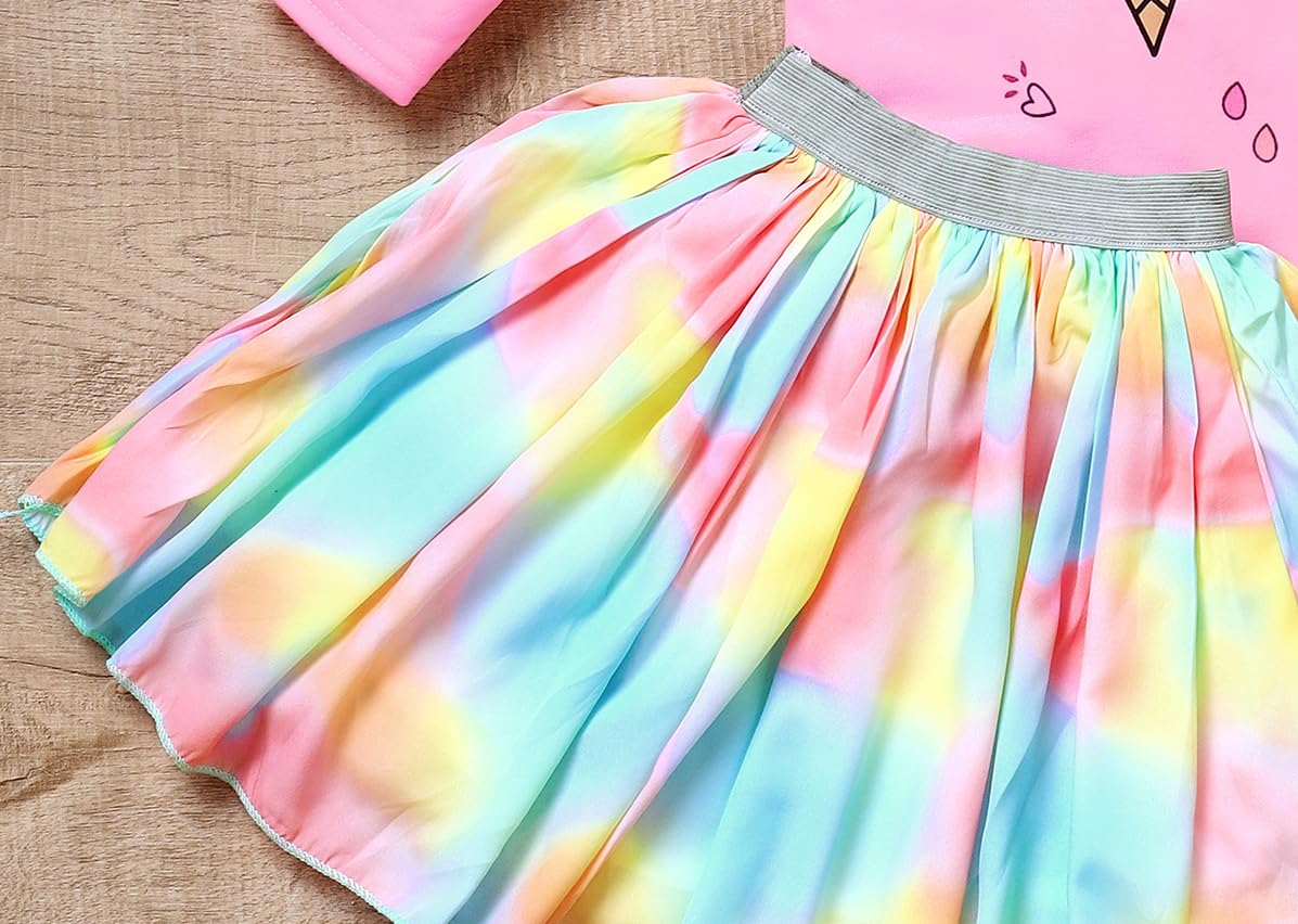 HIKUJ Set da bambina, in poliestere e cotone, a maniche lunghe, con stampa e gonna svasata, girocollo, maglietta grafica con elastico in vita, set di due pezzi