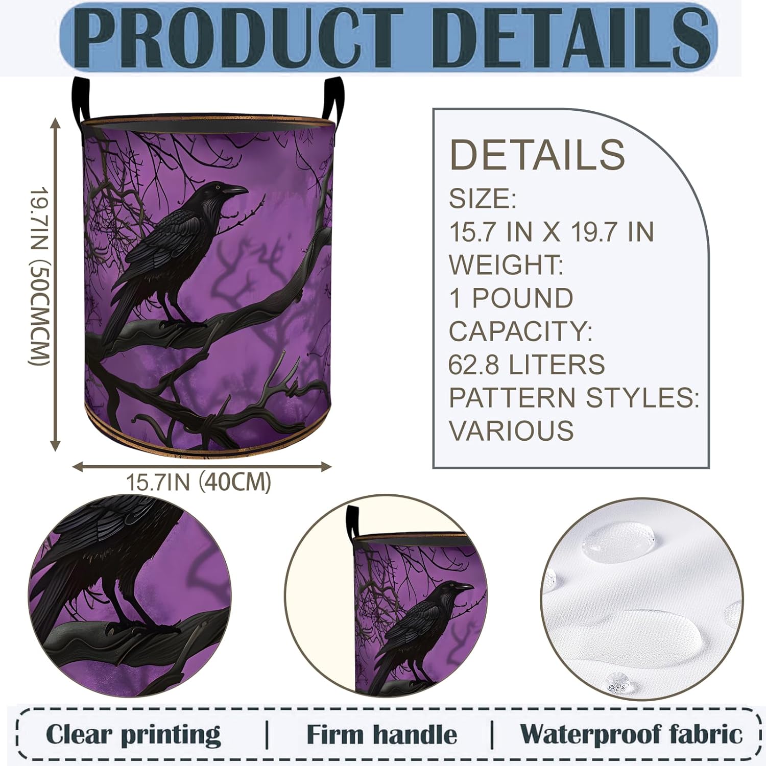 Gothic Raven Laundry Basket Hamper 19.7"x15.8", Crow Foldable Waterproof Oxford Clothes Storage Bucket for Room Bathroom Bedroom Nursery Decor, Toy Organizer Bins Gifts for Kids Boys Girls