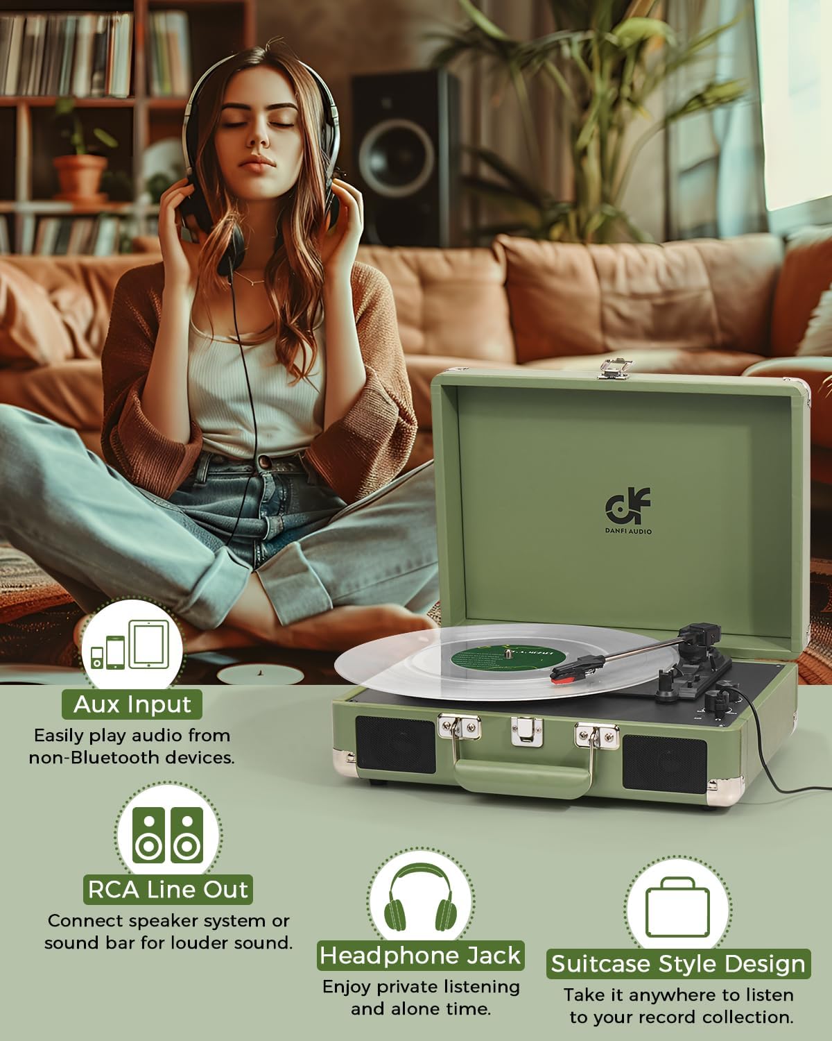 مشغل أسطوانات فينيل محمول بثلاث سرعات مع تحكم في الترددات العالية والمنخفضة، ومكبرات صوت مدمجة، ومقبس سماعة رأس 3.5 مم، ومخرج RCA/مدخل Aux، وقرص دوار عتيق يعمل بالحزام، لون أخضر حكيم
