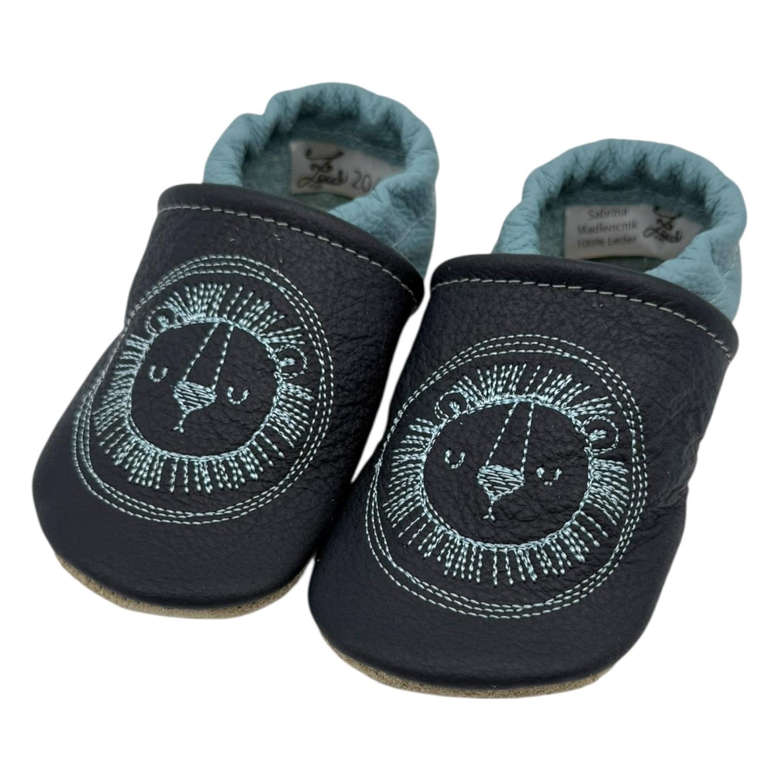Generisch Zwucki Baby Lauflernschuhe Lederpuschen Krabbelschuhe Handgemacht mit Motiv Geschenk Mädchen Bub Junge Weihnachten (Löwe Marine/Hellblau, 22/23)