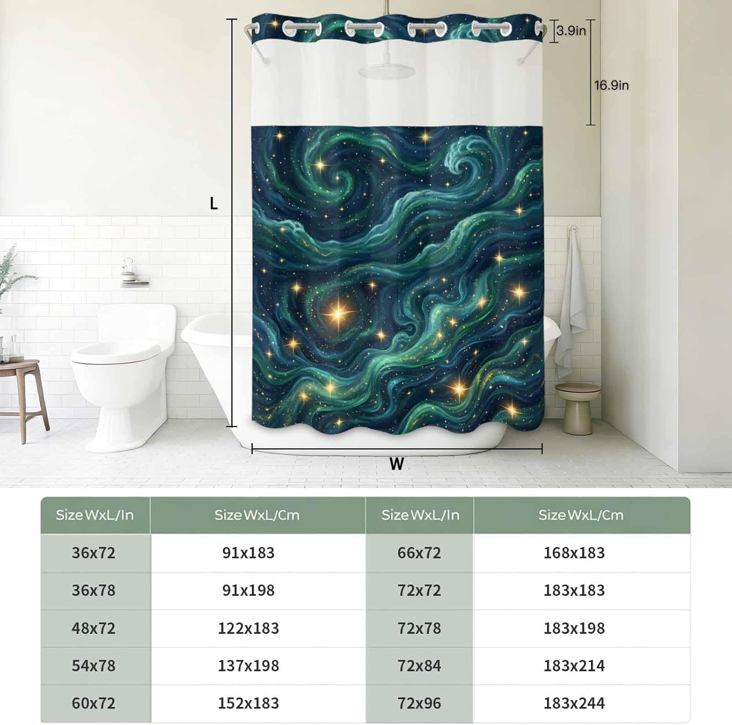 No Hook Shower Curtain and Snap in Liner Set, Green Starry Sky Fabric Bathroom Shower Curtains 66x72 Inch, See Through Mesh Top Window, Golden Stars Fantasy Cosmos Hotel Style, Washable Waterproof