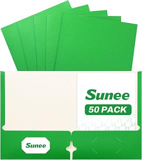 SUNEE Folders with Pockets 3 Hole Punched(50 Pack, Green), 2 Pocket Folders Fit Letter Size Paper, Paper File Folder for School Office Home Business