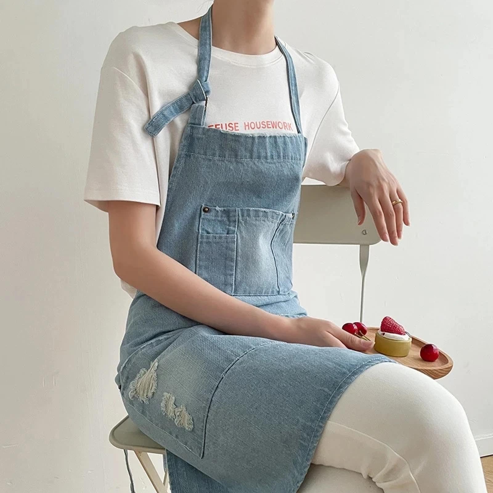 Delantal Cocina Baberos Delantal De Mezclilla Grueso para Mujer con Bolsillo Jean para Mujeres Hombres Estilista Barista Cafetería En Hermoso