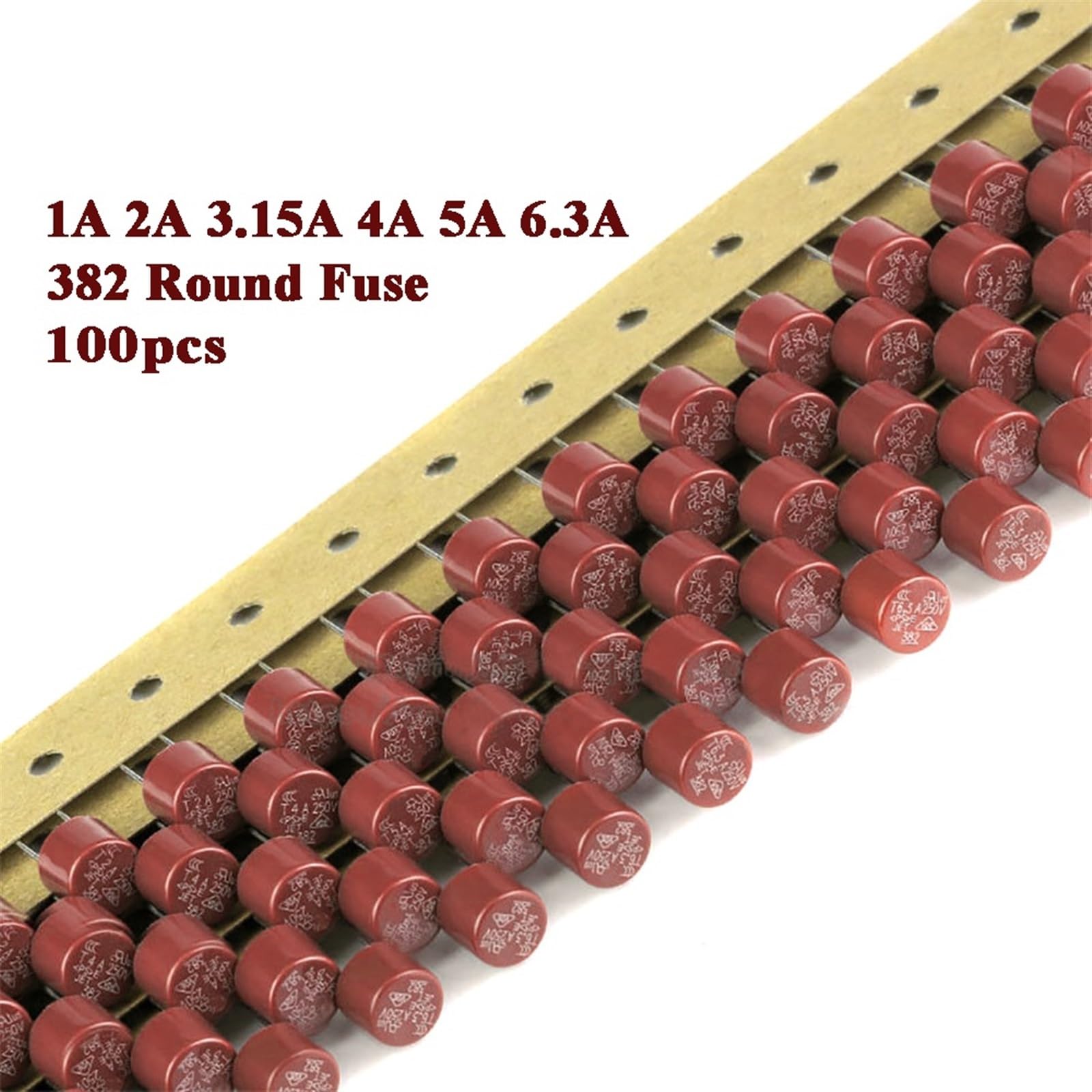 100PCS 382 Fusibile Rotondo Fusibili ad azione lenta 1A 2A 3.15A 4A 5A 6.3A 250V 382 Plastica T2A TV LCD Scheda di Alimentazione 382 Kit Fusibili(T5A)