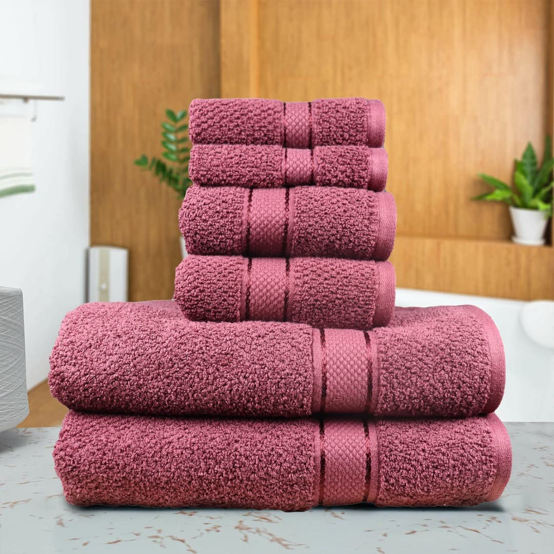 SENSES by Riba Textured Rice Weave Cotton Towels Set (6 Pieces, 550 GSM, Burgundy) | Bath Towel Combo - 2 Bath, 2 Hand & 2 Wash Towels | Antimicrobial, Soft, Absorbent Ideal for Daily Use & Gifting 2