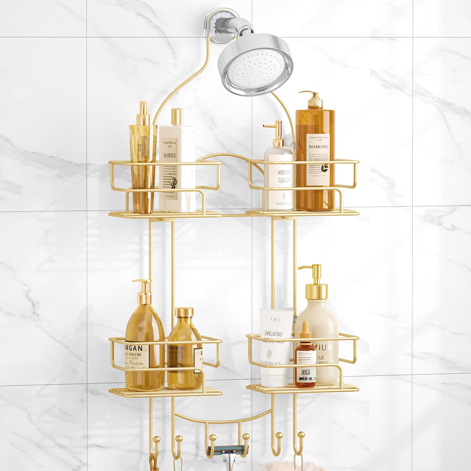 SRIWATANA Shower Caddy Hanging, Bathroom Shower Organizer, No Drilling Shower Shelves Over Shower Head, Bath Shower Rack Holder with Hooks for Razors and Sponge - Gold