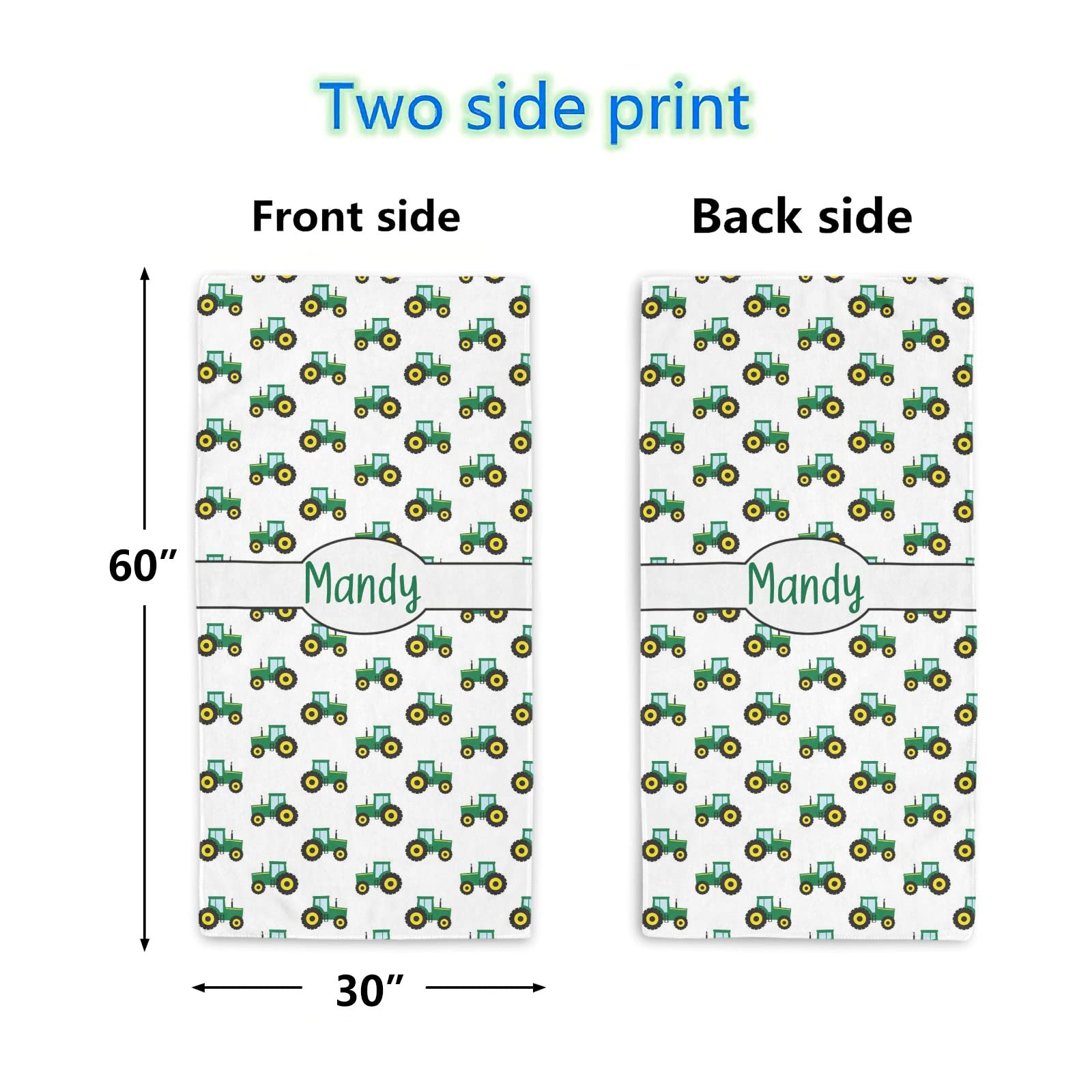 CUXWEOT Personalized Farm Tractors Beach Towel with Name Custom Large Oversized Towels 2 Sides Printed for Sport Baseball 30 X 60 inch