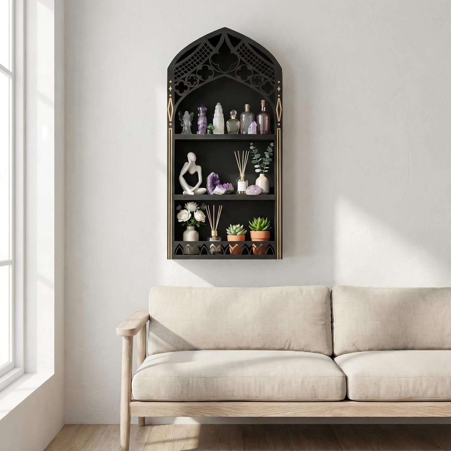 Gothic Window Crystal Display Shelf, 1.96" Deep Wooden Wall Mounted Gemstone Crystal Holder, Witchy Decor Trinket Organizer for Healing Stones -2026 Upgraded (Window-7.9" W x 15.7" H)