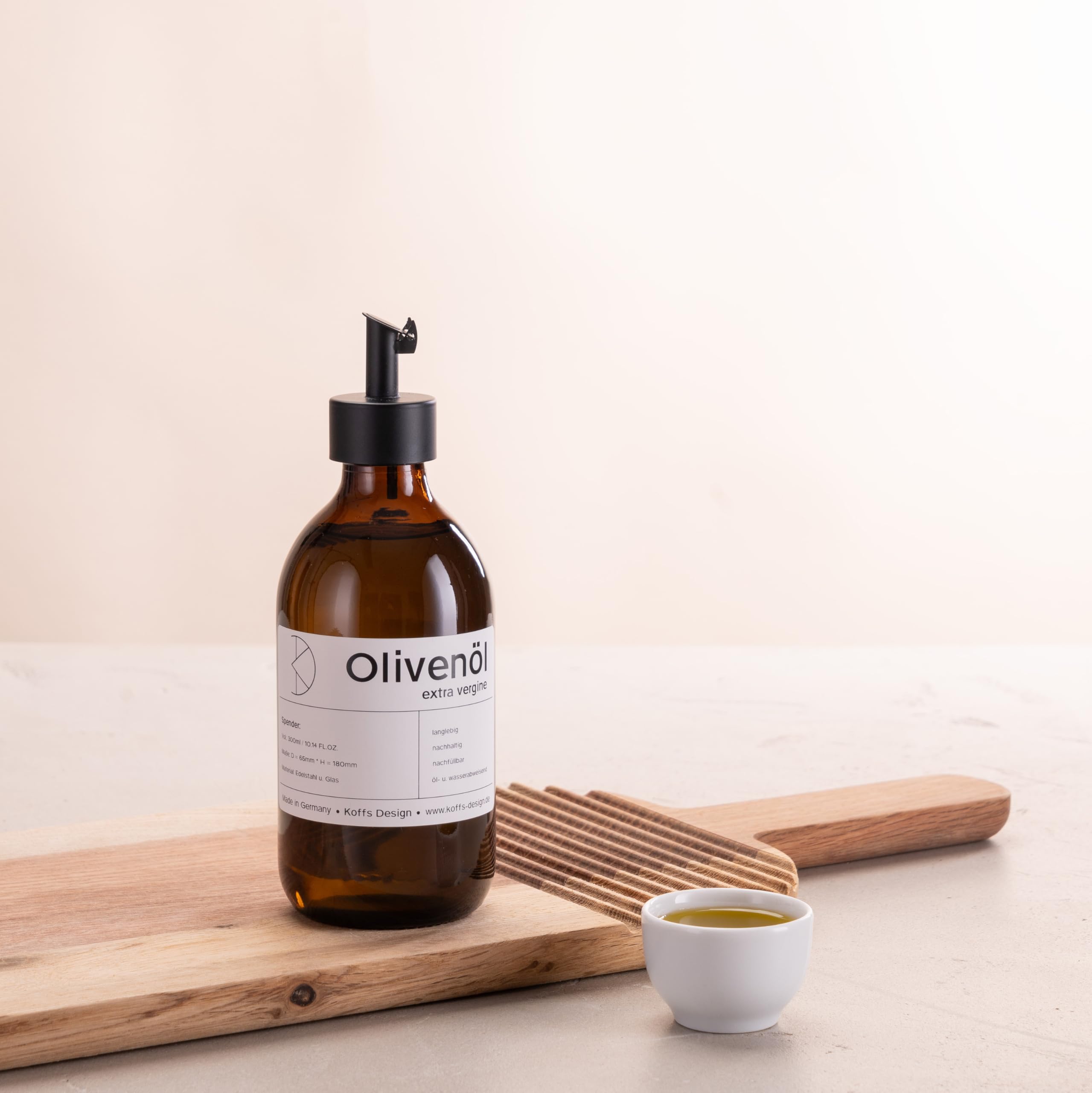 Koffs Design Ölflasche 300ml - Braunglas Mit Edelstahl Ausgießer