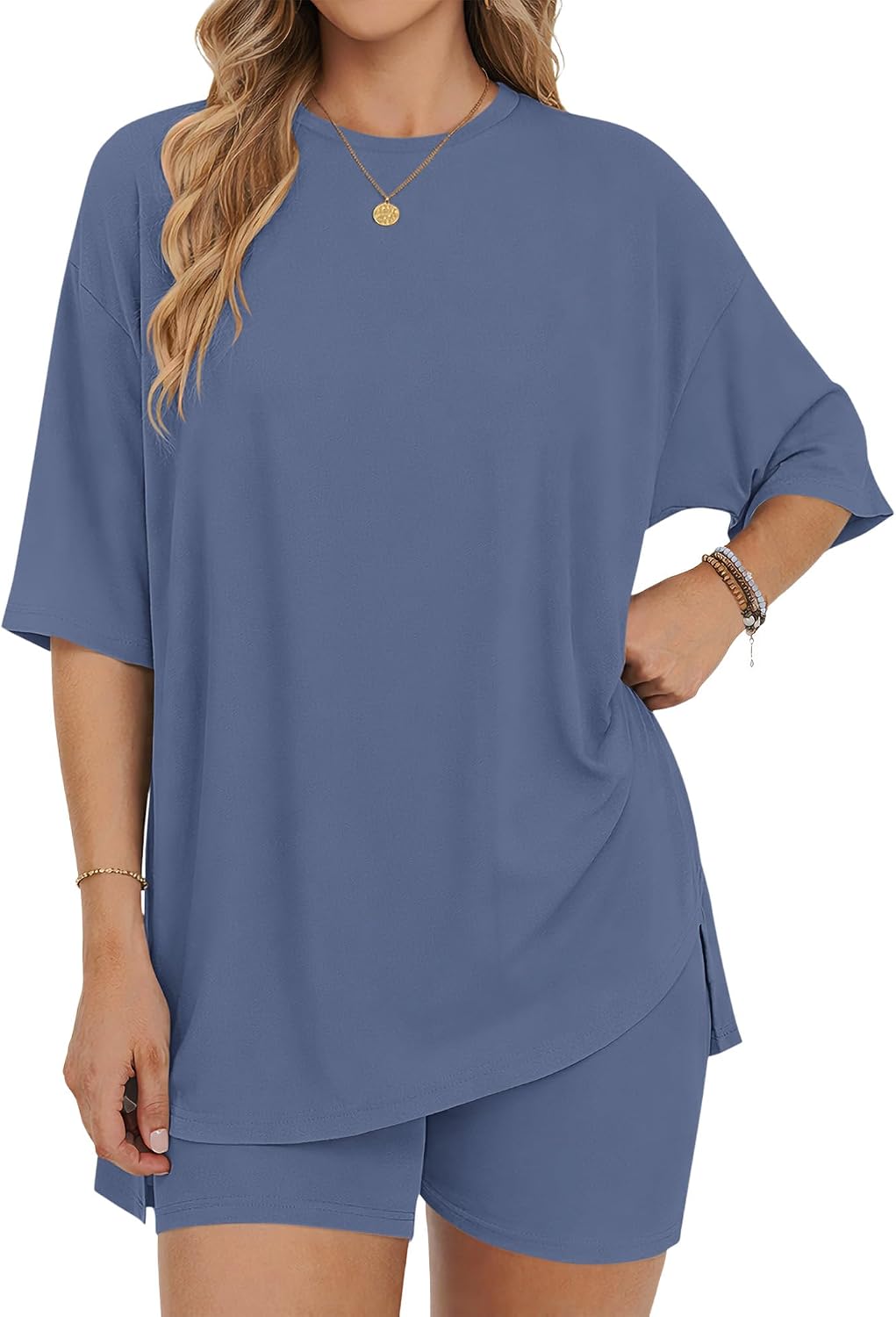 AUSELILY Women's Two Piece Lounge Set Summer Crew Neck Short Sleeve Oversized Shorts Set Matching Sets Women Clothing 2026