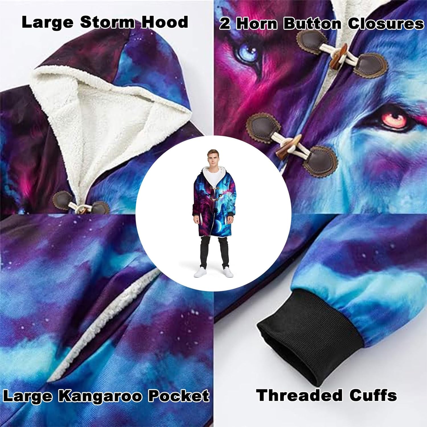 Unisex Winter Warm Faux Cashmere Coat 3D Digital Print Artificial Lambswool Mid-Long Parka Jacket Horn Button Design