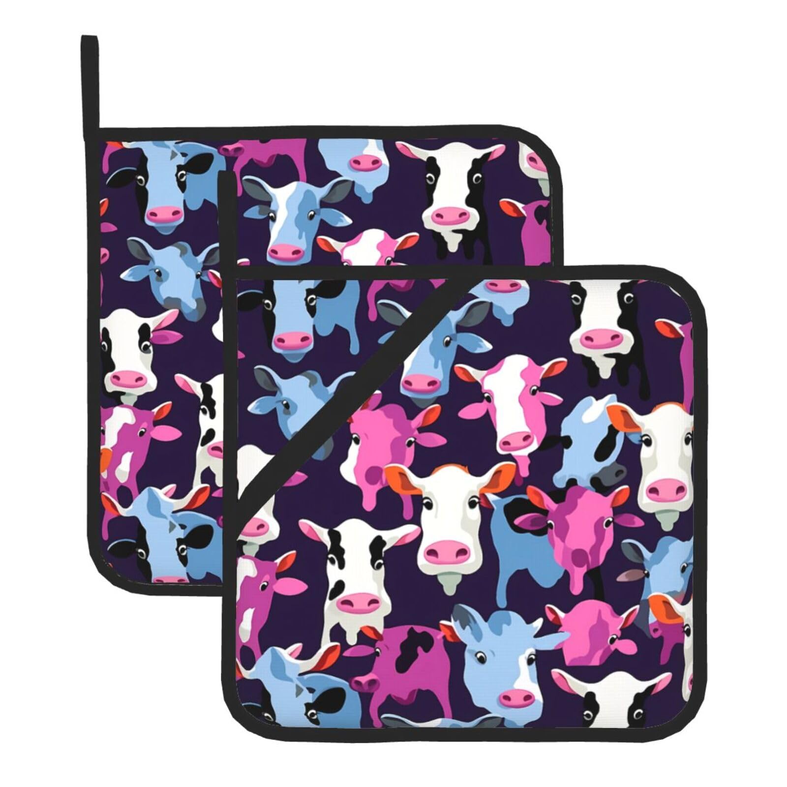 HJFCZH Cow Patterns Printed Square Insulated Pot Mat Set (2-Piece) 8x8in Waterproof, Thickened & Easy to Clean with Lanyard Design for Kitchen, Oven & BBQ