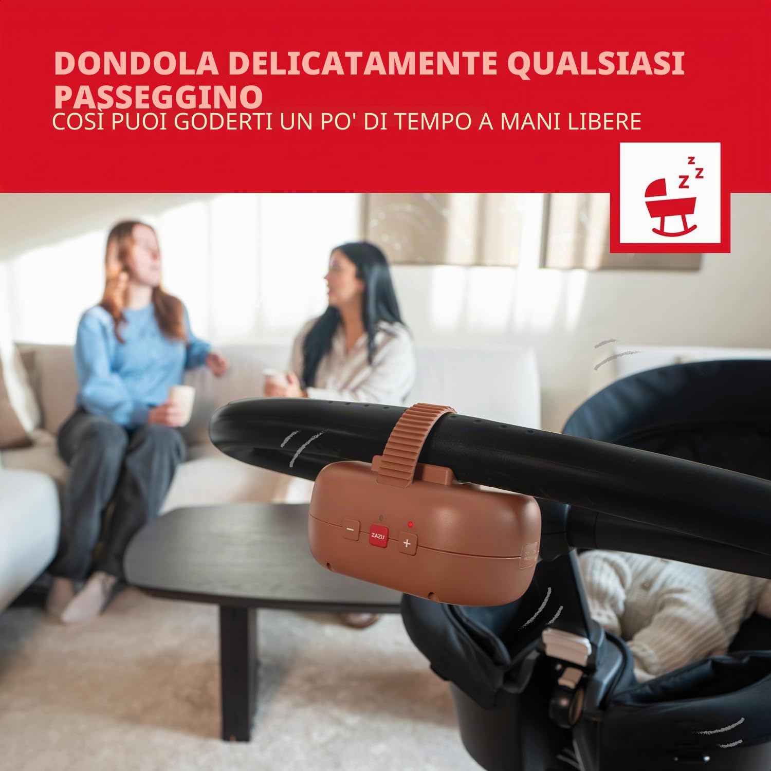 ZAZU Robby Bilanciere Automatico per Passeggini, Seggiolini Auto e Amache - Altalena Regolabile, Timer 40 Min, Sensore di Pianto, Ricaricabile USB-C, Resistente all'Acqua, Universale (Marrone)