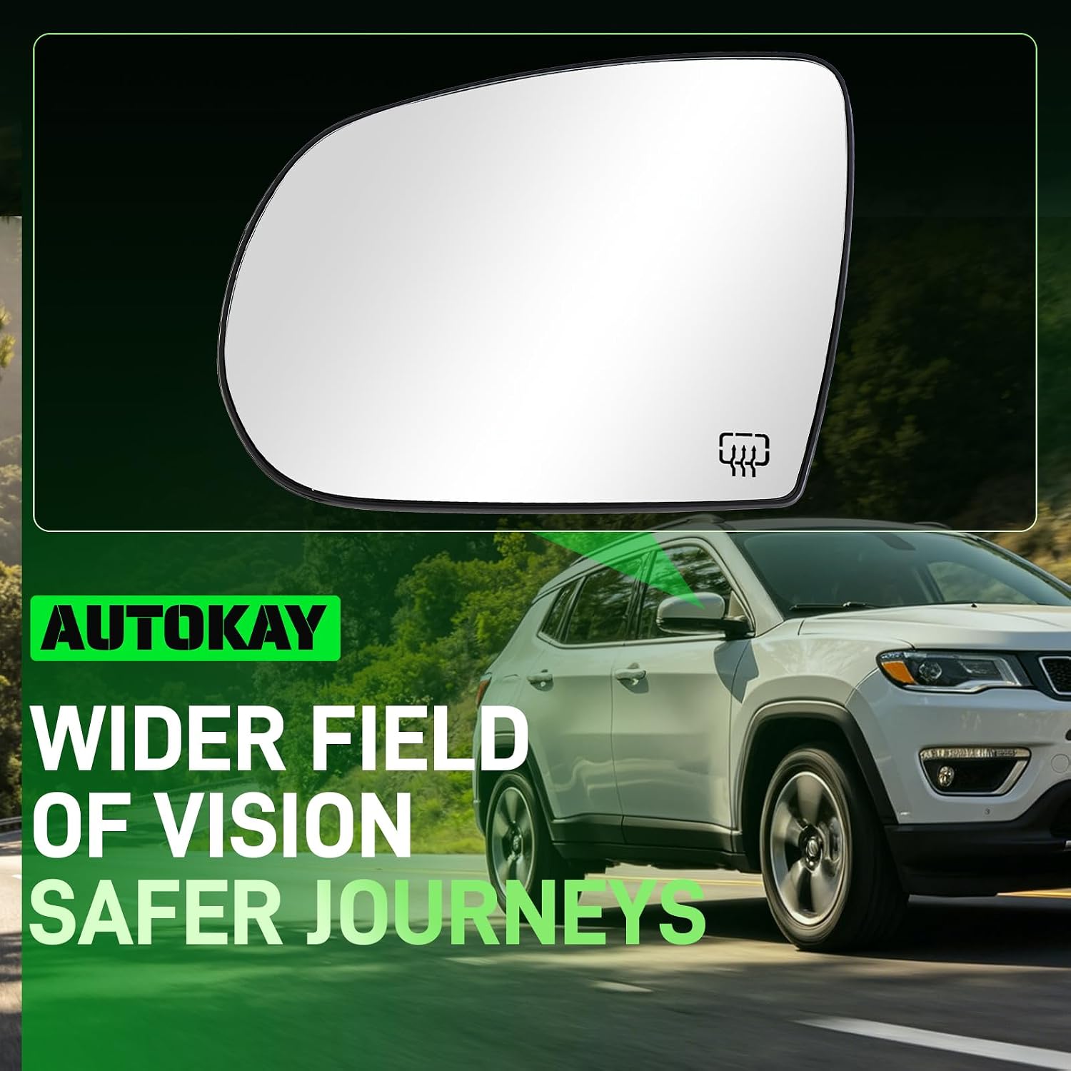 AUTOKAY Left Driver Side Mirror Glass with Heated Fits for Jeep Cherokee 2014-2019, Jeep Compass 2017-2021, Driver Side Mirror Replacement Exterior Rearview Mirror Replaces 68228913AA