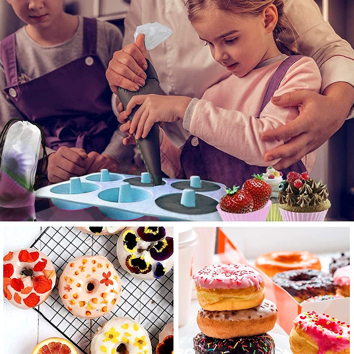 Silikonowa forma do pączków, pączków, 10 jednorazowych woreczków do wyciskania, 1 x silikonowa szczotka – forma do muffinek do ciast, ciasteczek, muffinek, babeczek, bajgli