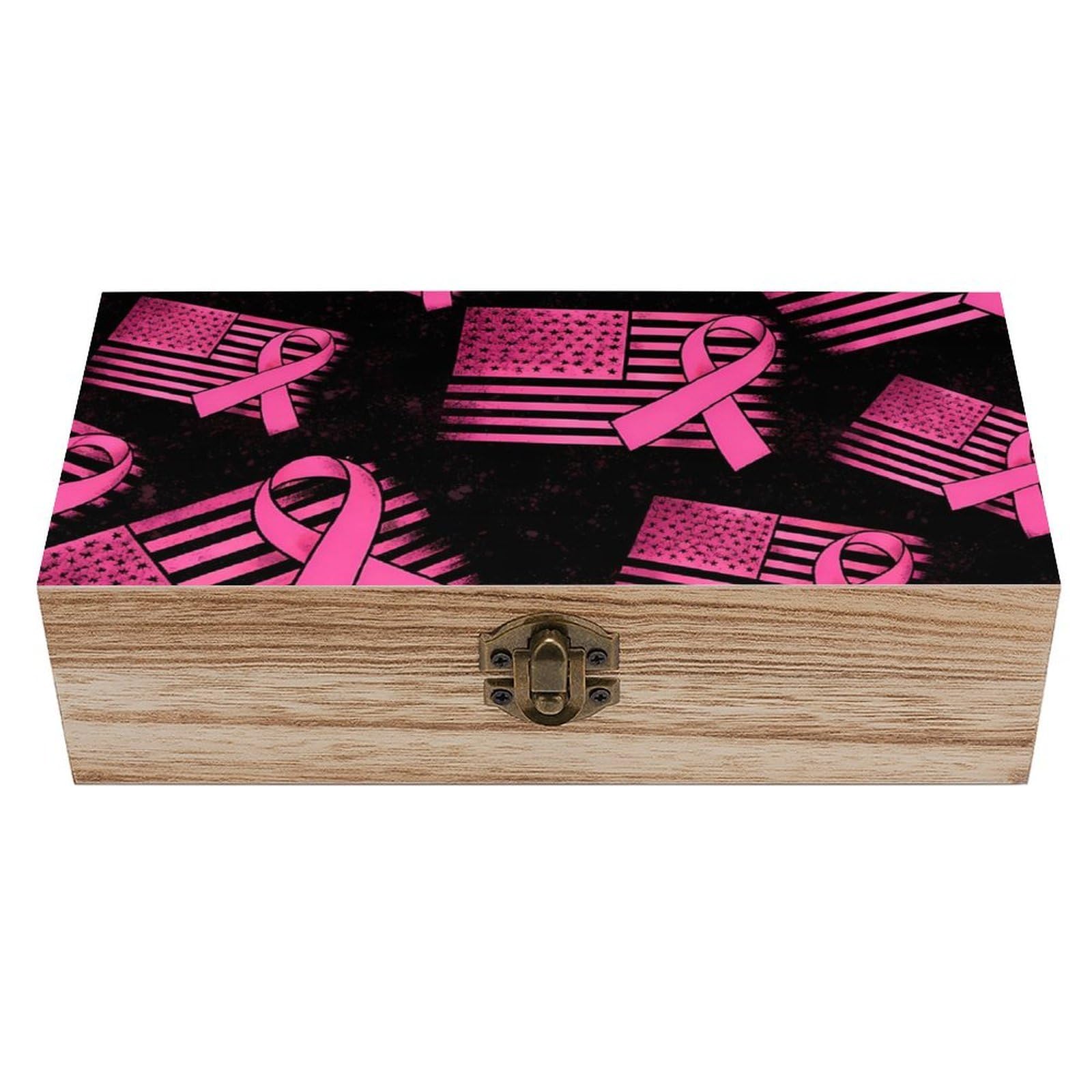 HLBSDM Breast Cancer Awareness Pink Ribbon American Flag Wooden Storage Box