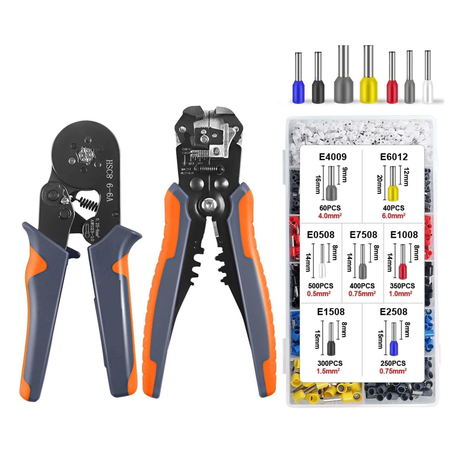 Utensile Crimpare Terminali For Cavi Isolati Pinza Crimpatrice For Puntali A Cricchetto HSC8 6-6A - Spelafili 24-10AWG, Kit For Piegatura Terminali For Cavi Precisione Affidabile(6-6A YQ 1900PCS)