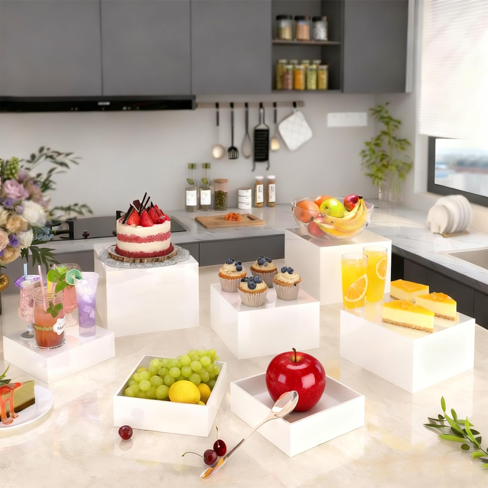 Juego de 6 elevadores de buffet de acrílico blanco – Nesting Cube para postres, catering/joyas, blanco opaco