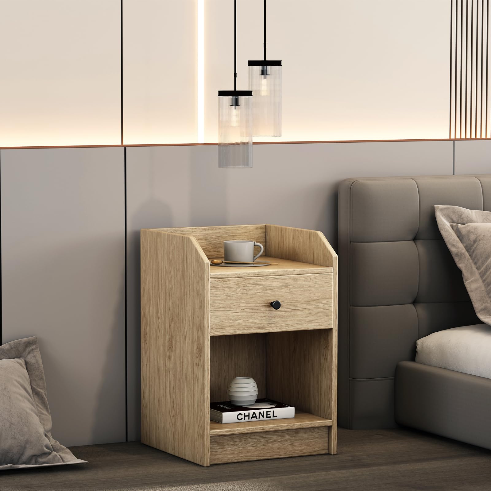 CENSI Oak Nightstand, Night Stand, Light Wood, Bed Side Table for Bedroom, 1 Drawer (Natural Oak)