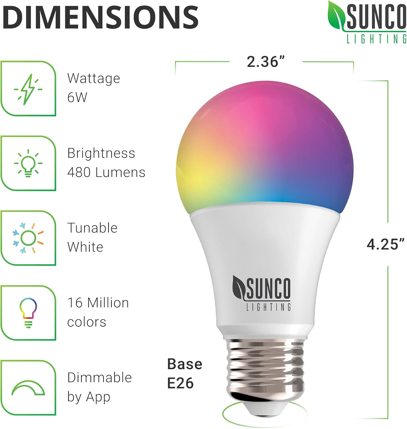 Nеw Dеаl Sunco Lighting Smart WiFi Bulbs Alexa, A19 Dimmable Smart LED, Color Changing RGB, 6W, 480 LM, E26 Base, Multicolored, Compatible with Amazon Alexa & Google Assistant, Tunable White 6 Pack