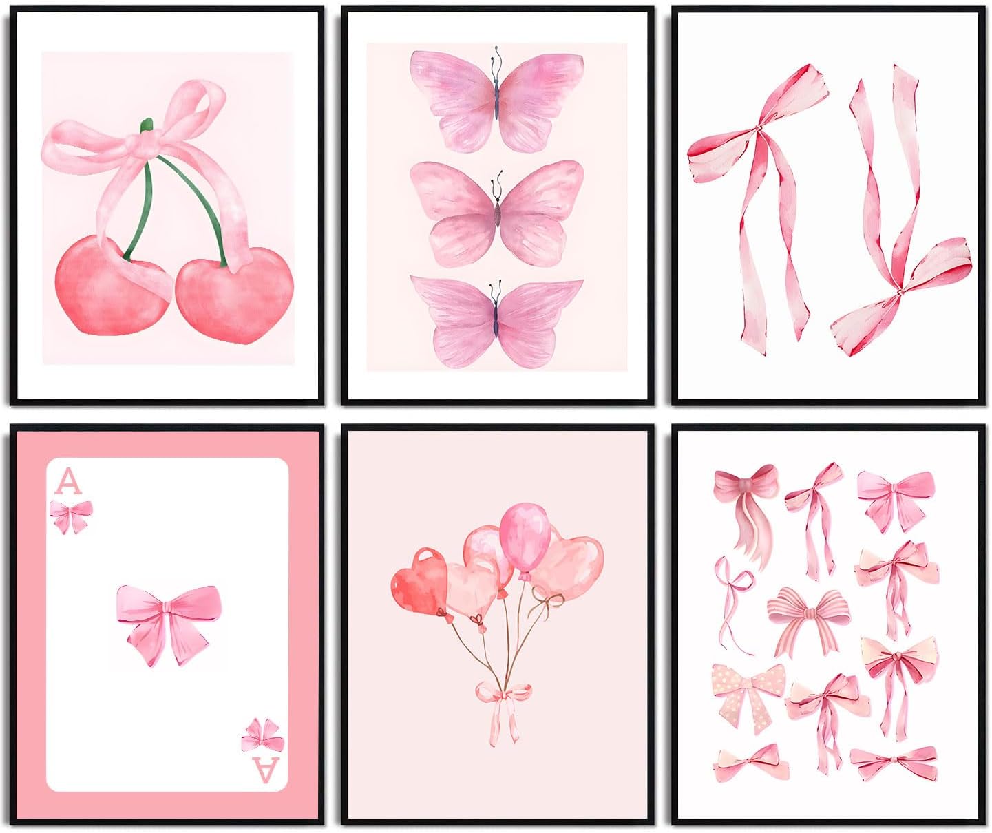 6pcs Pink Bow Canvas Wall Art Trendy Cute Girly Watercolor Bows Prints Painting Room Aesthetic Wall Decor Preppy Posters Coquette Room Decor for Living Room Girls apartment 12x16in Unframed