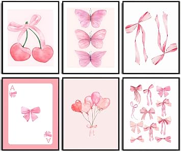 6pcs Pink Bow Canvas Wall Art Trendy Cute Girly Watercolor Bows Prints Painting Room Aesthetic Wall Decor Preppy Posters Coquette Room Decor for Living Room Girls apartment 12x16in Unframed