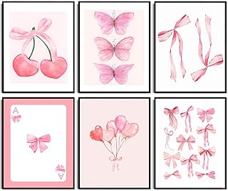 6pcs Pink Bow Canvas Wall Art Trendy Cute Girly Watercolor Bows Prints Painting Room Aesthetic Wall Decor Preppy Posters Coquette Room Decor for Living Room Girls apartment 8x10in Unframed