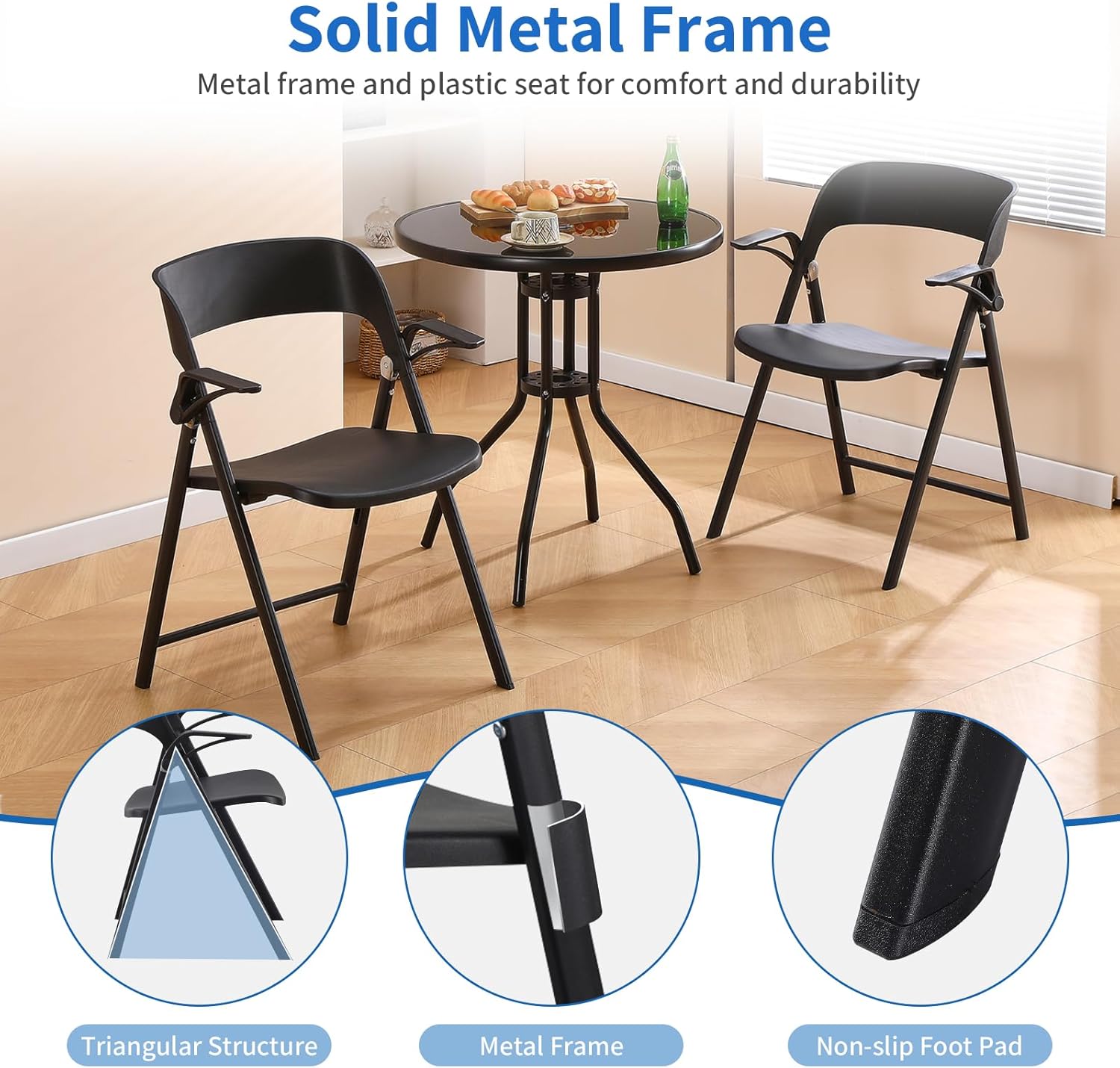 KAIHAOWIN 2 Pack Plastic Folding Chair with Armrest, Heavy Duty Foldable Chairs with Steel Frame Commercial Stackable Guest Chairs for Indoor and Outdoor-Black