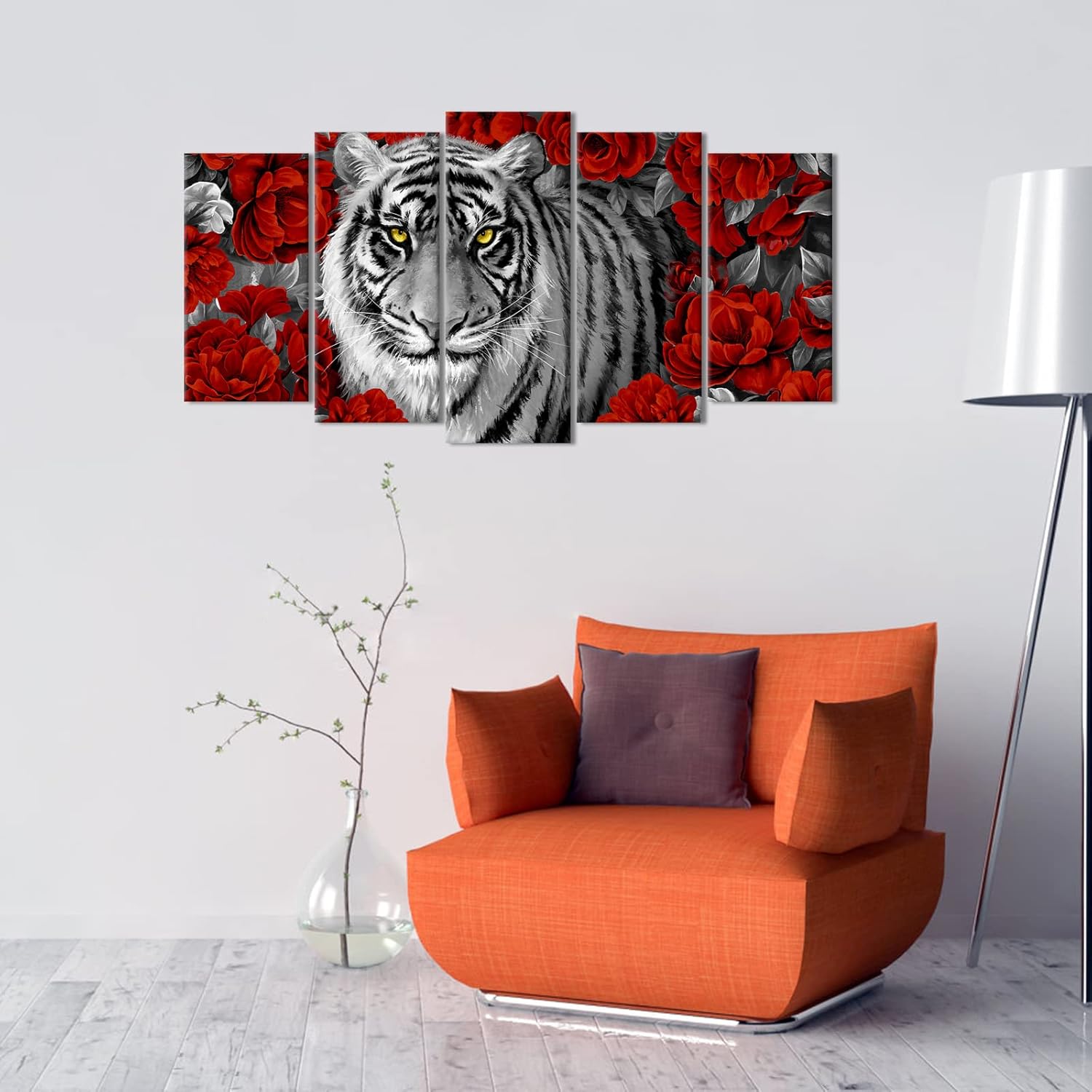 Kalormore Black and White Tiger Canvas Wall Art 5 Pieces Animal Wildlife Cool Tiger in Burgundy Red Flowers Painting Prints Gallery Wrap Artwork for Living Room Bedroom Home Office (L-60 xH-32)