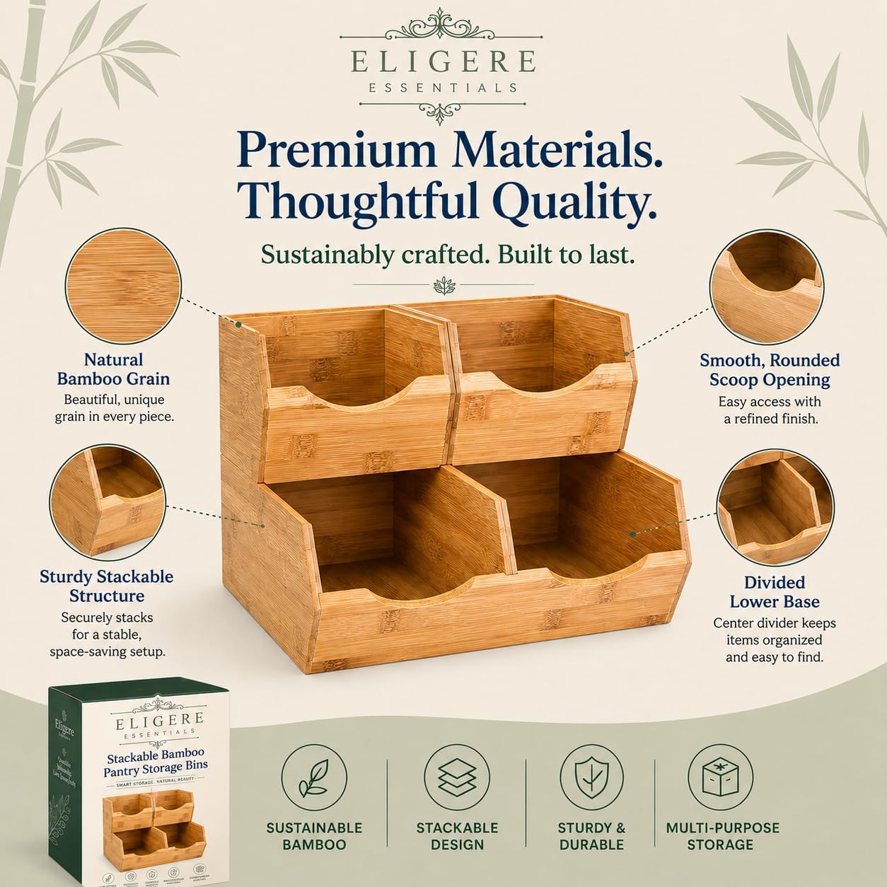 3 Piece Stackable Bamboo Pantry Storage Bins, Potato and Onion Storage, Fruit & Vegetable Container Baskets for Kitchen Countertop, Easy Front Access, Multipurpose organization