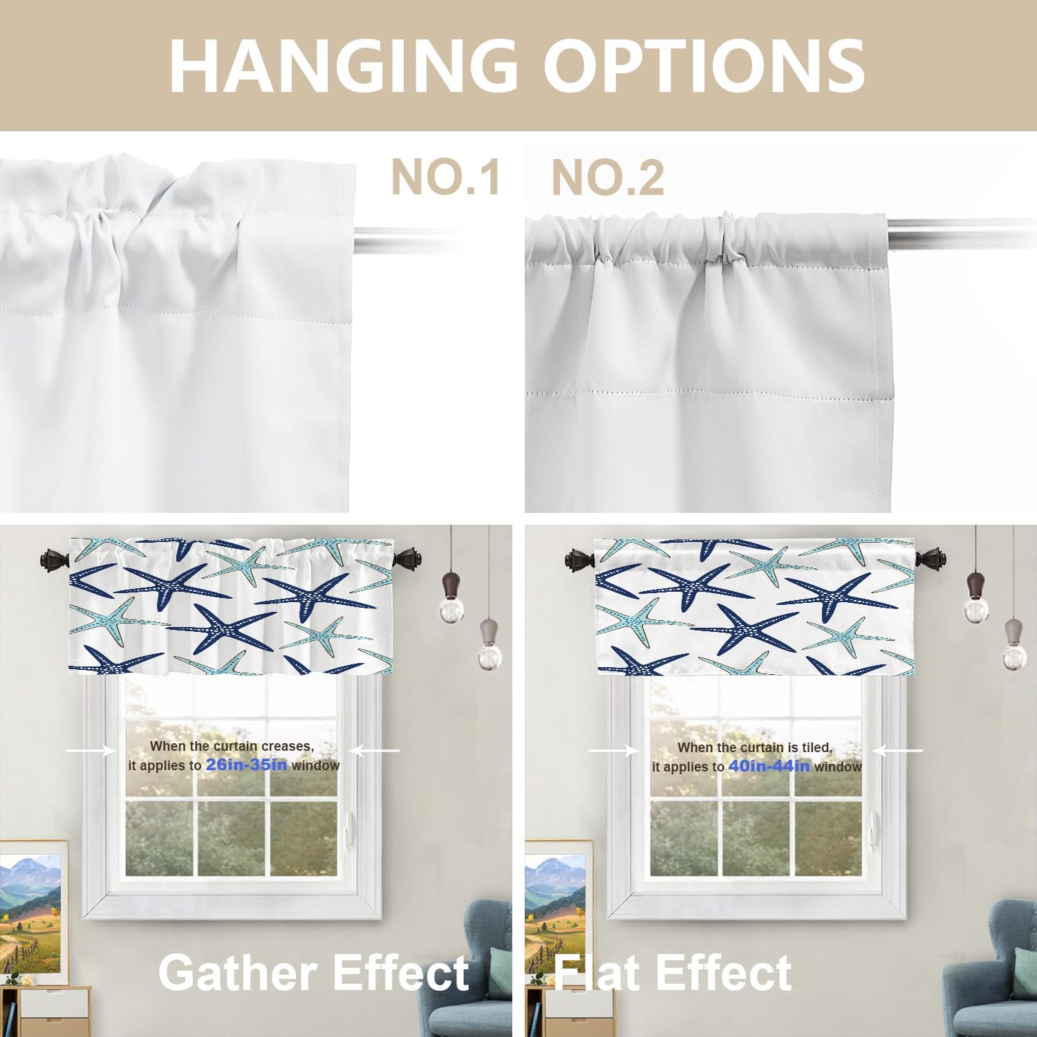 Sky Blue Nautical Starfish Kitchen Valances for Windows,White Navy Sea Star Blackout Valances Curtains Multilayer Polyester Drapes for Kitchen Bedroom 2 Pack 52X16 Inches