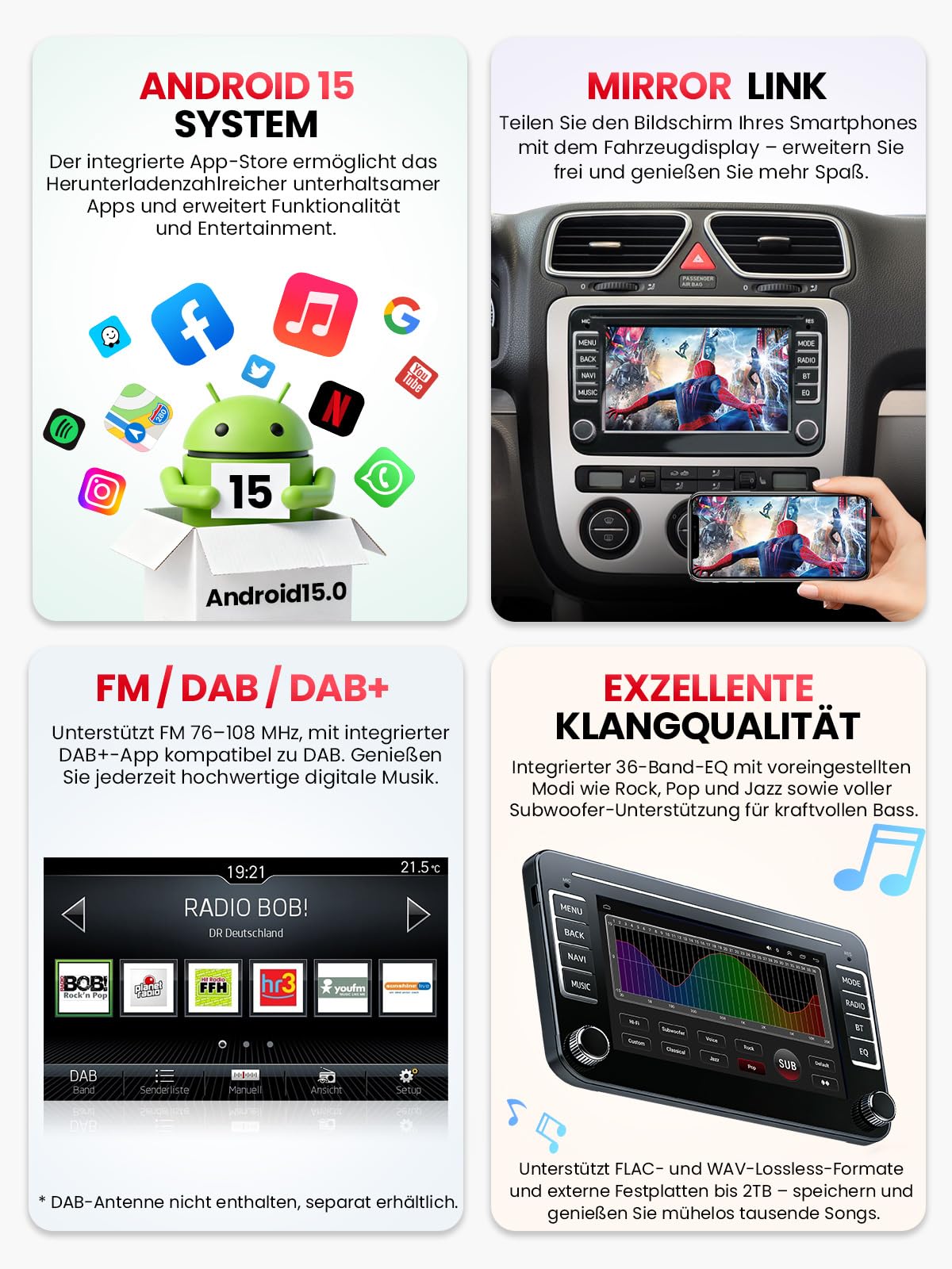 Doppel DIN Bluetooth Autoradio mit Bildschirm für VW Golf 5 6 T5 Polo 6R Caddy Passat Touran, Skoda, SEAT, Wireless CarPlay Android Auto Mirrorlink, 7" Auto Radio, 4+64GB, WLAN DAB+ FM GPS