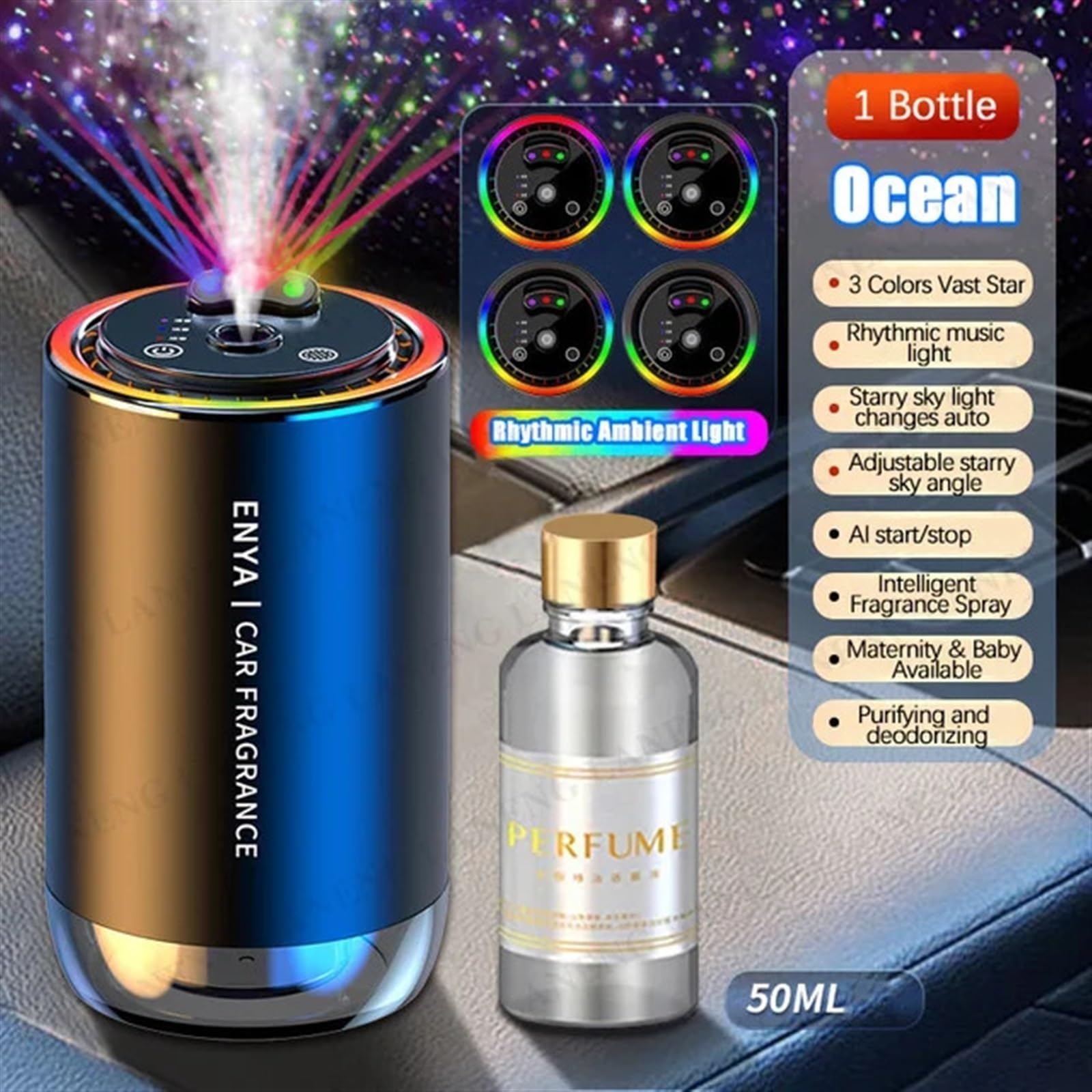 Perfumy Samochodowe 3 W 1 Kolorowy Odświeżacz Powietrza Olejek Eteryczny Dyfuzor Zapachowy Dystrybutor Zapachów USB Aromaterapia Zapachowy Odświeżacz Powietrza(50ML Ocean)