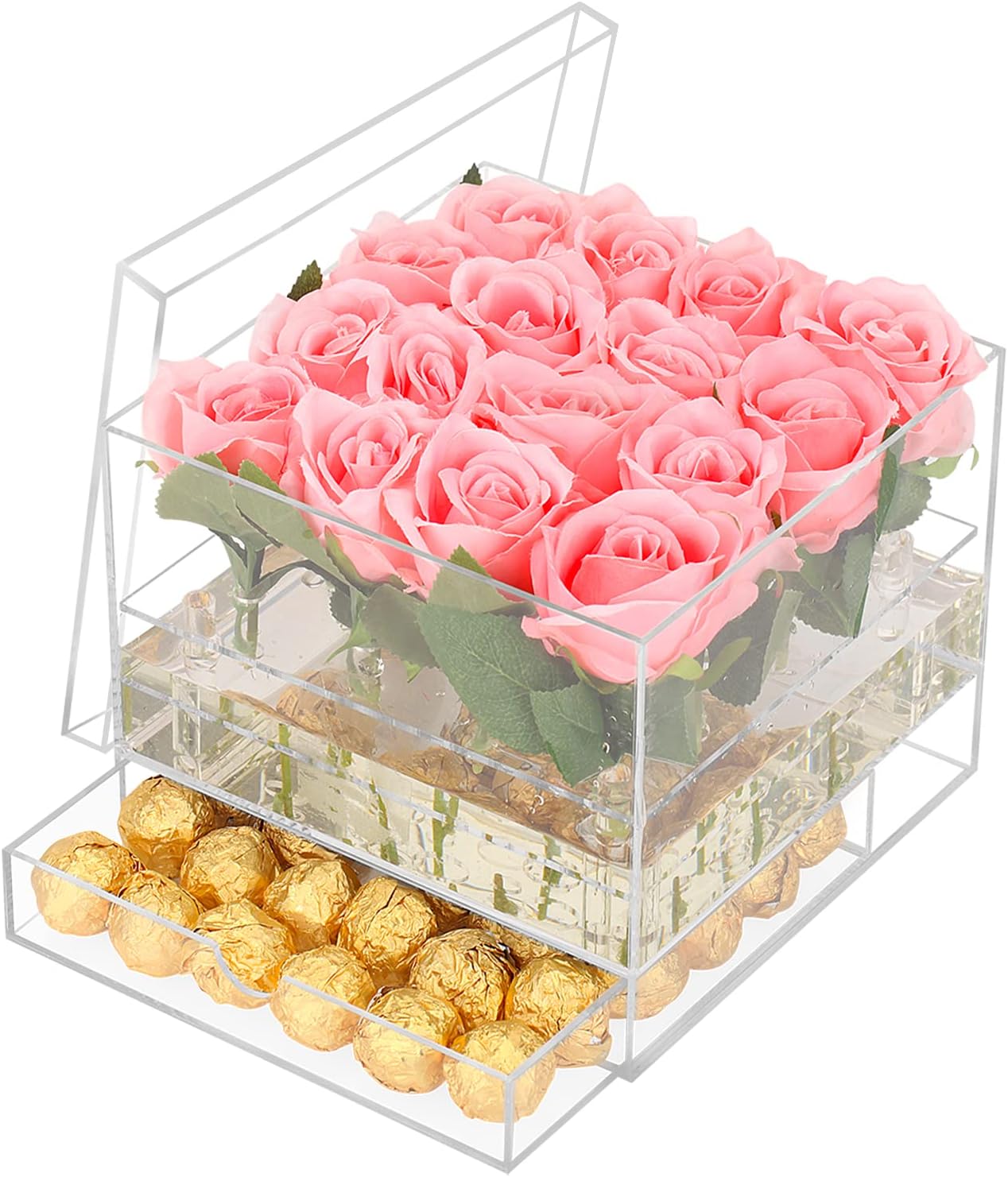 Choowin Clear Acrylic Flower Box with Drawer, Acrylic Decorative Box Keepsake Box