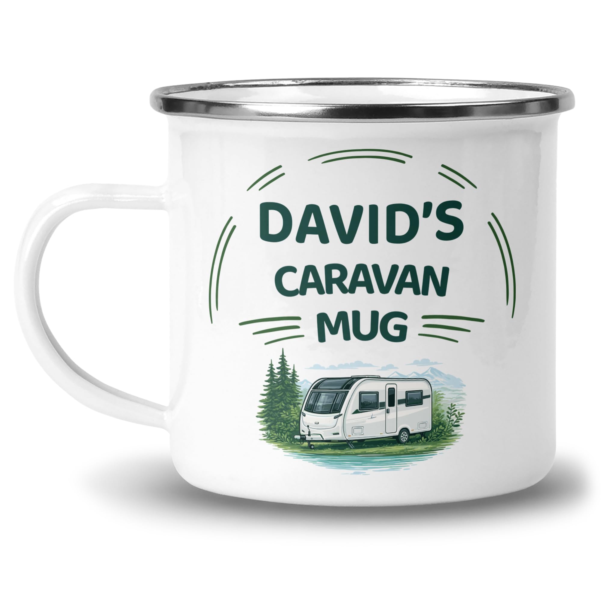 Chicken Craft Personalised Caravan Enamel Mug with Name - Gift for Caravan Owners and Enthusiasts - 12oz White Enamel with Silver Rim