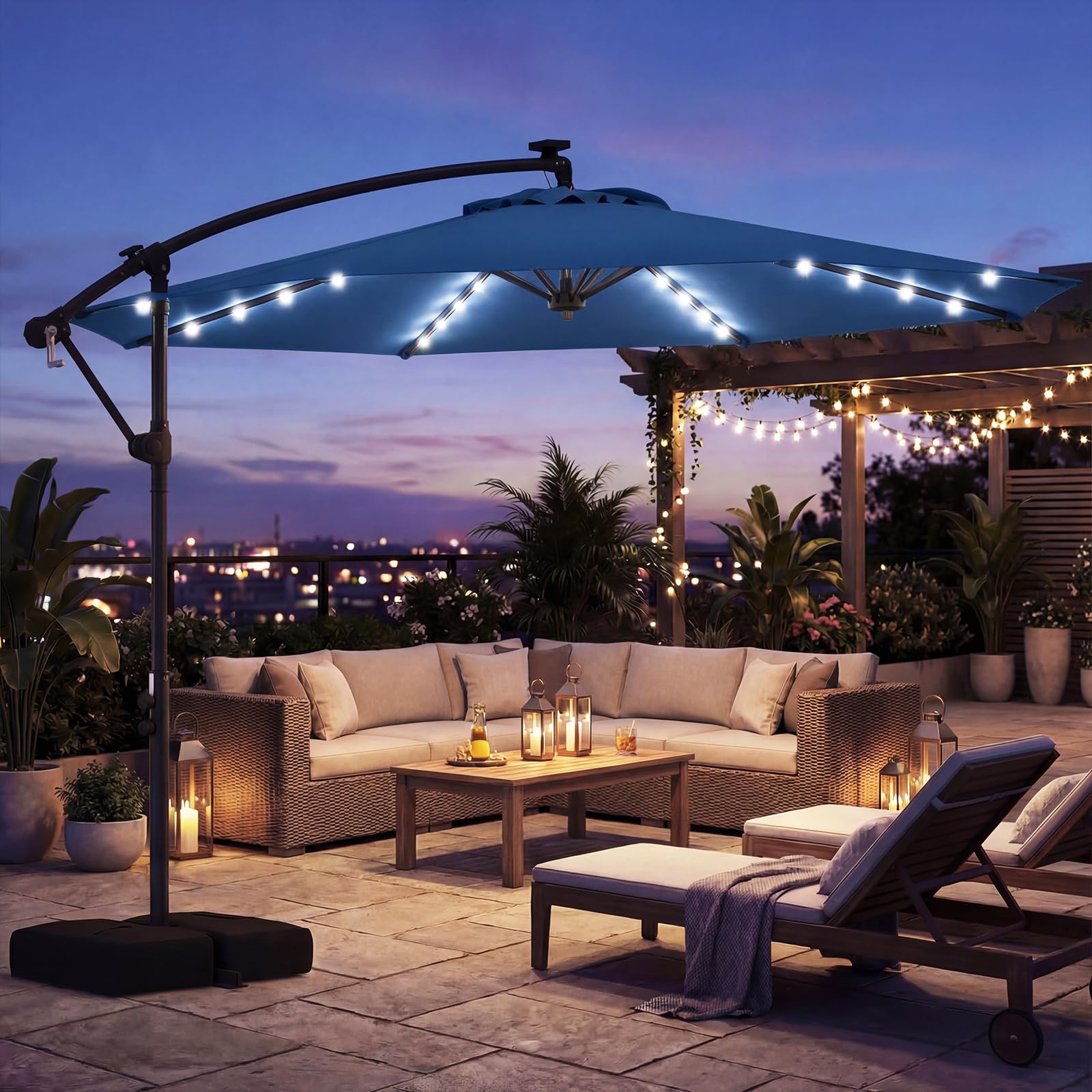 COSTWAY Sombrilla Terraza Exterior con Base, Parasol Excentrico con 32 Luces LED, Rotación de 360°, Manivela, Sacos de Arena, Sombrilla Jardín Grande para Patio Terraza (300 x 300 cm（con Luz）,Azul)