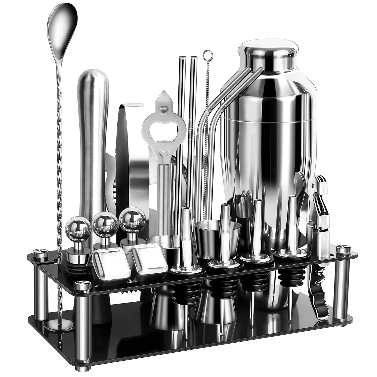 23 piezas Coctelera para Cócteles Kit Con Soporte acrílico acero inoxidable Profesional Barman Herramientas con Mortero de Cóctel colador Cuchara set de regalo para Mezclar Bebidas,Barra,hogar